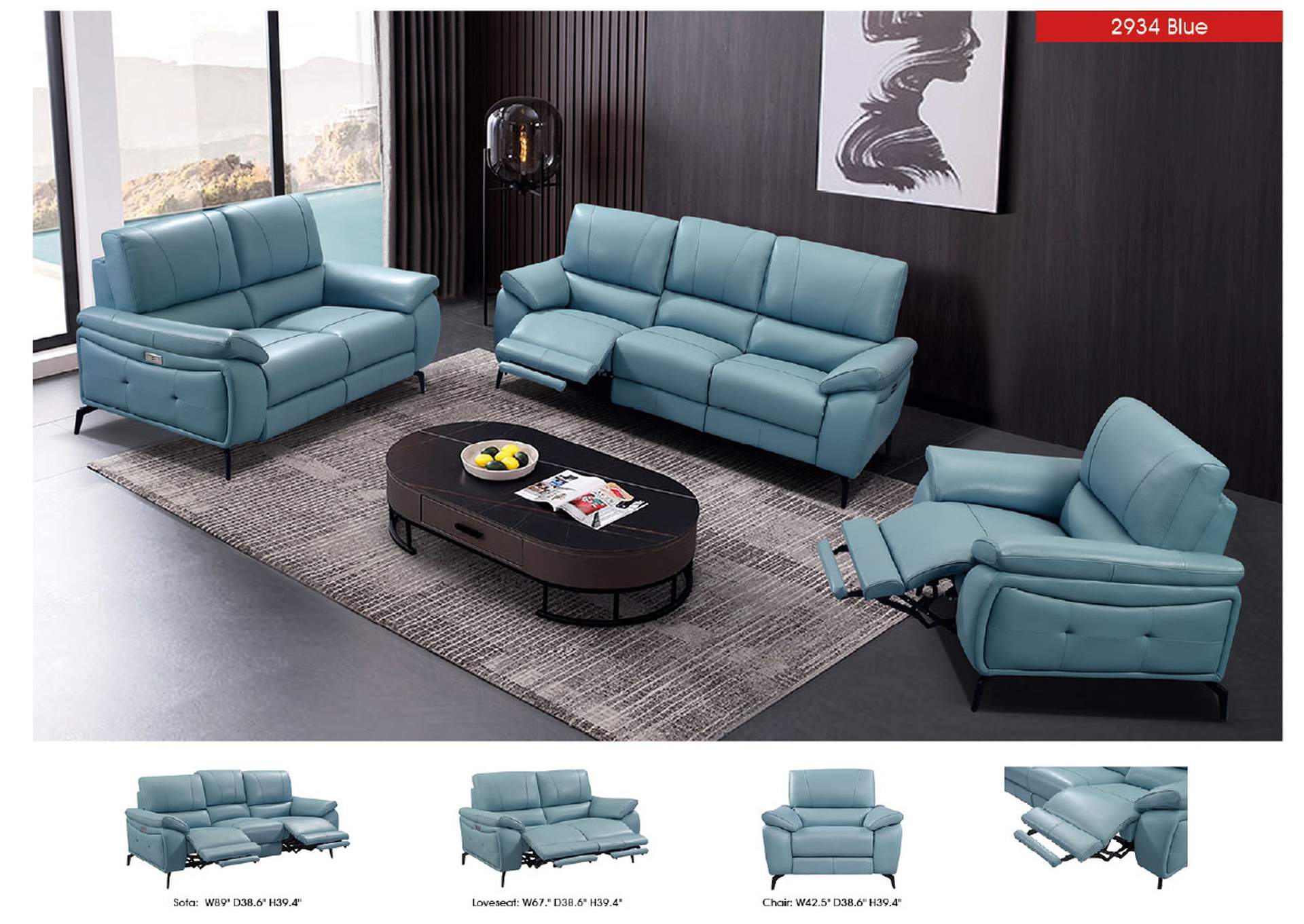 2934 Blue with Electric Recliners SET image 3