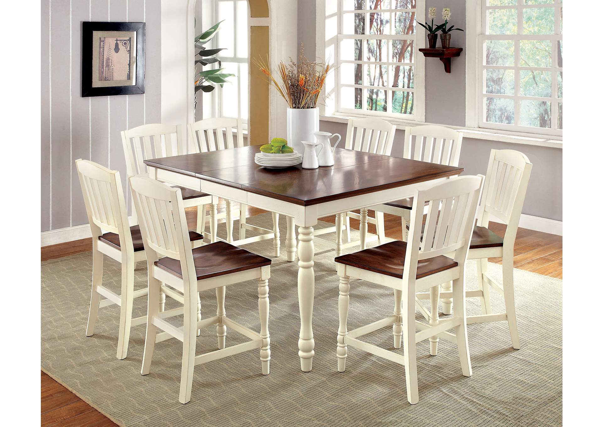 Harrisburg II White/Oak Counter Table w/6 Counter Chair