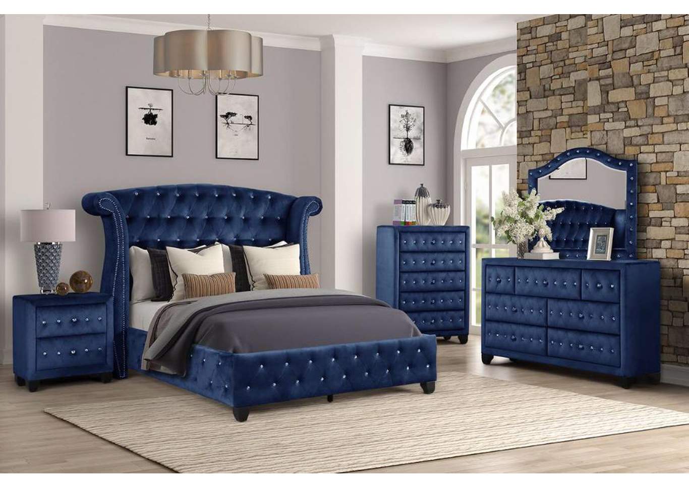 Sophia Blue Queen 4 Piece Upholstered Bedroom Set image 1