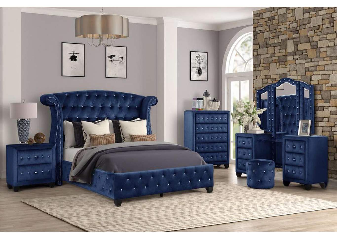 Sophia Blue Queen 5 Piece Upholstered Bedroom Set W/ Vanity image 1