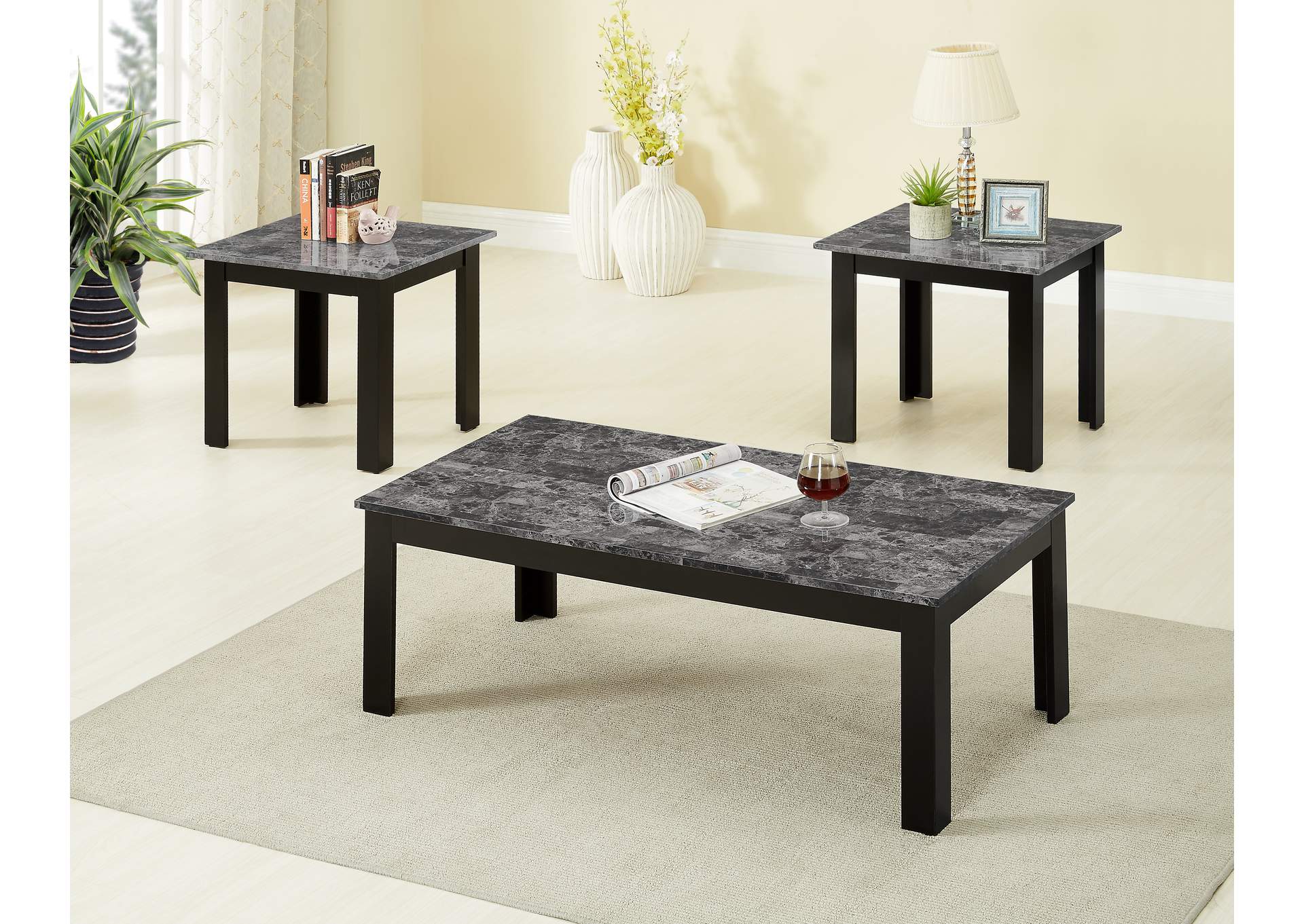 3306G 3 Piece Grey Faux Marble Top Coffee And End Set