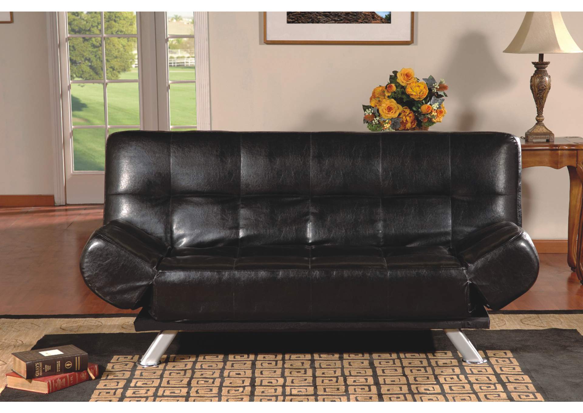 4416K Black Pvc Click - Clack Futon Sofa With Adjustable Arms image 1