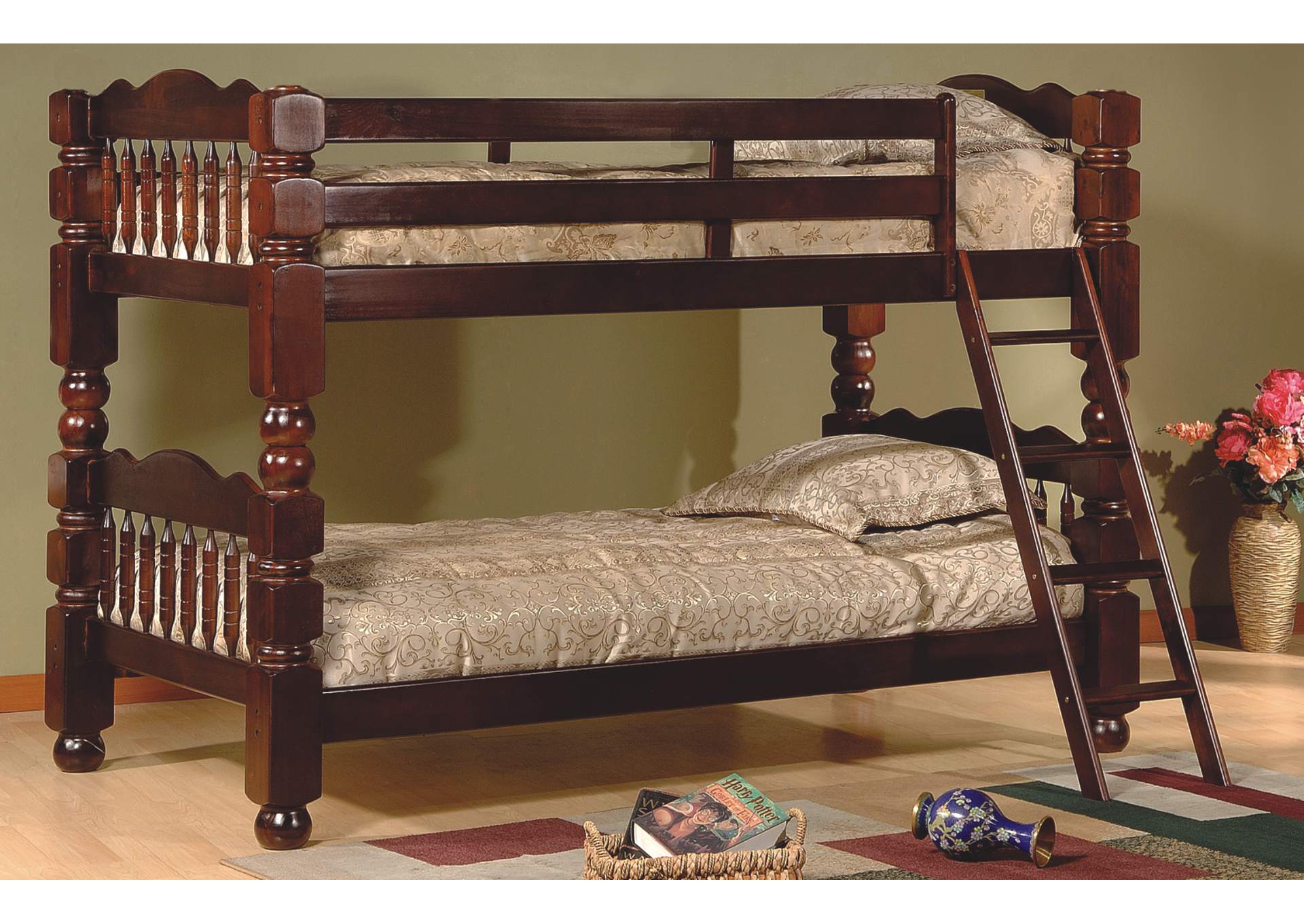 4471C 5 Inch Wooden Post Twin - Twin Convertible Bunk Bed Cherry image 1