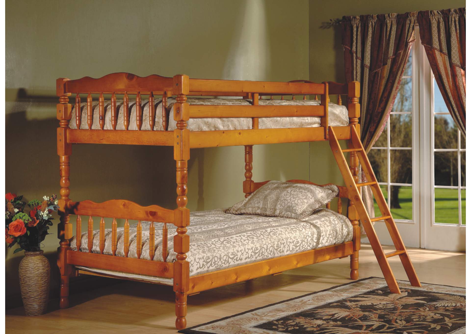 4473H 3 Inch Wooden Post Honey Pine Twin - Twin Convertible Bunk Bed image 1