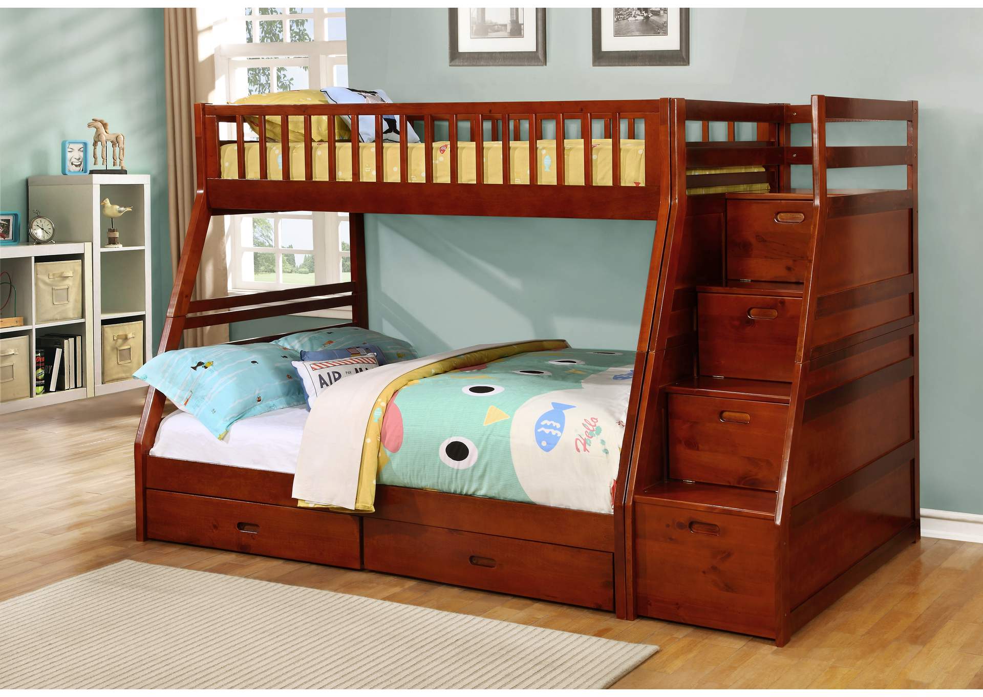 4474C Walnut Twin - Full Bunk Bed With Storage Stairecase, Box B