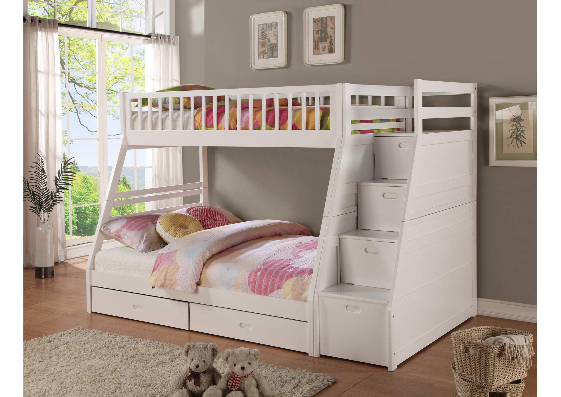 4474W White Twin - Full Bunk Bed With Storage Stairecase, Box A image 1