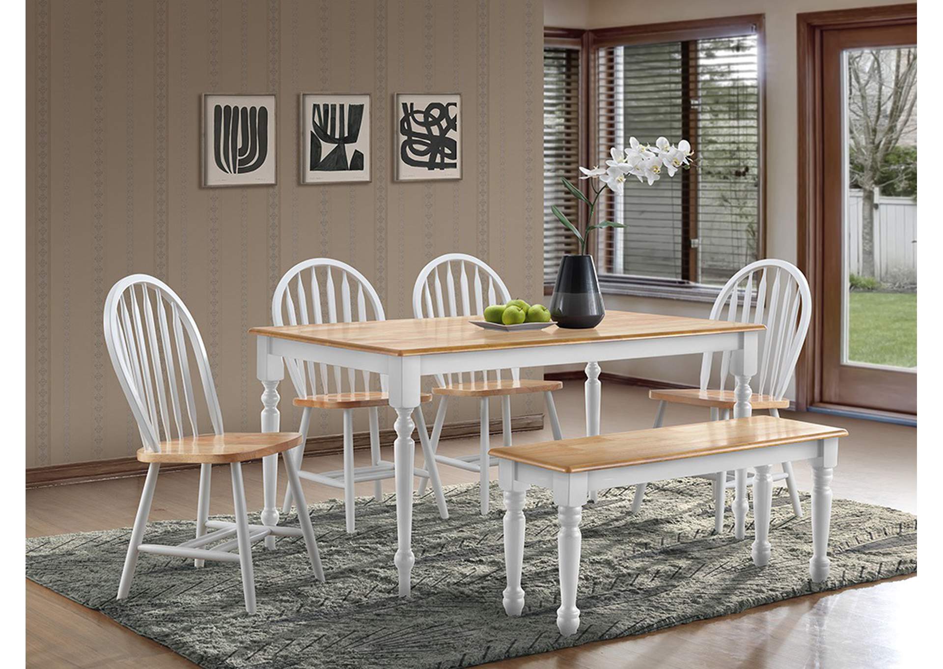 D9696Nw - Nw 6 Piece Natural - White Solid Wood Top Windsor Dinette With Bench