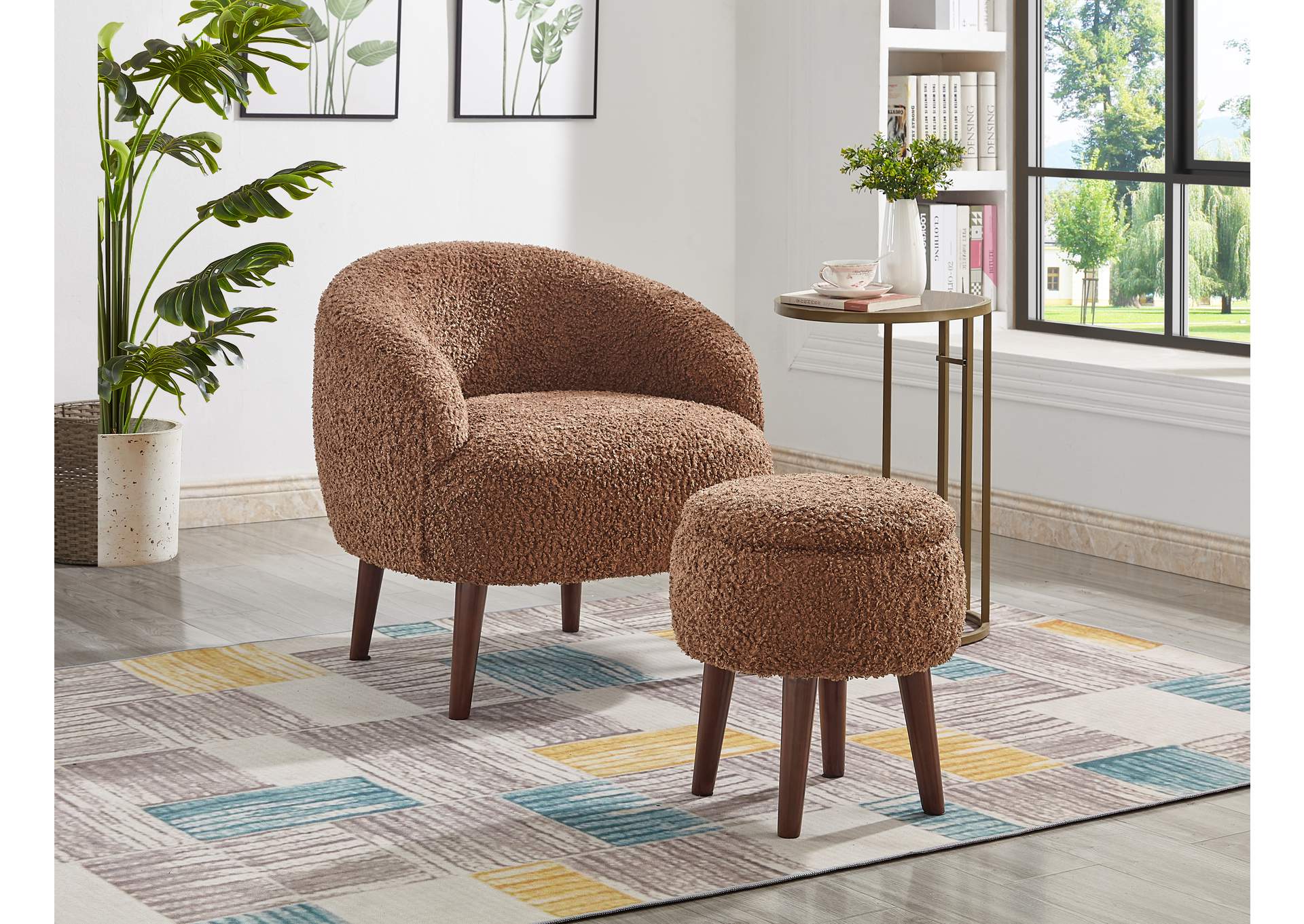 Eac0001 Dark Brown Accent Chair With Ottoman