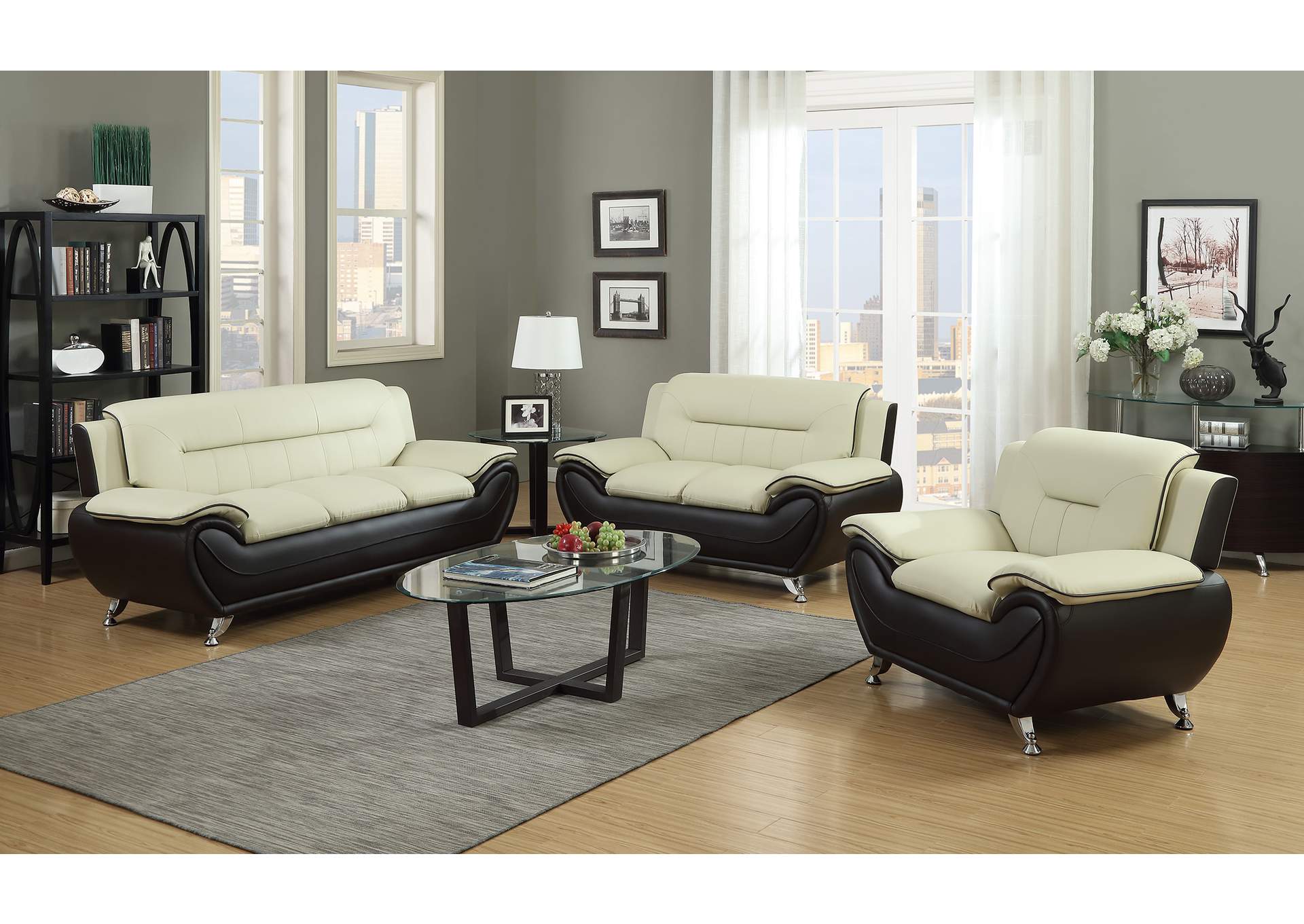 U2704 Beige On Brown Sofa And Loveseat image 1