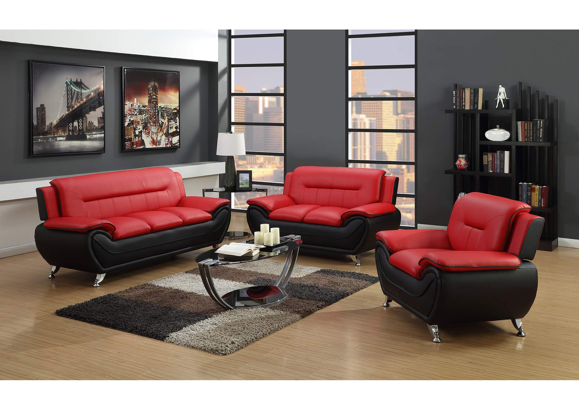 U2705 Red On Black Sofa And Loveseat And Chair image 1