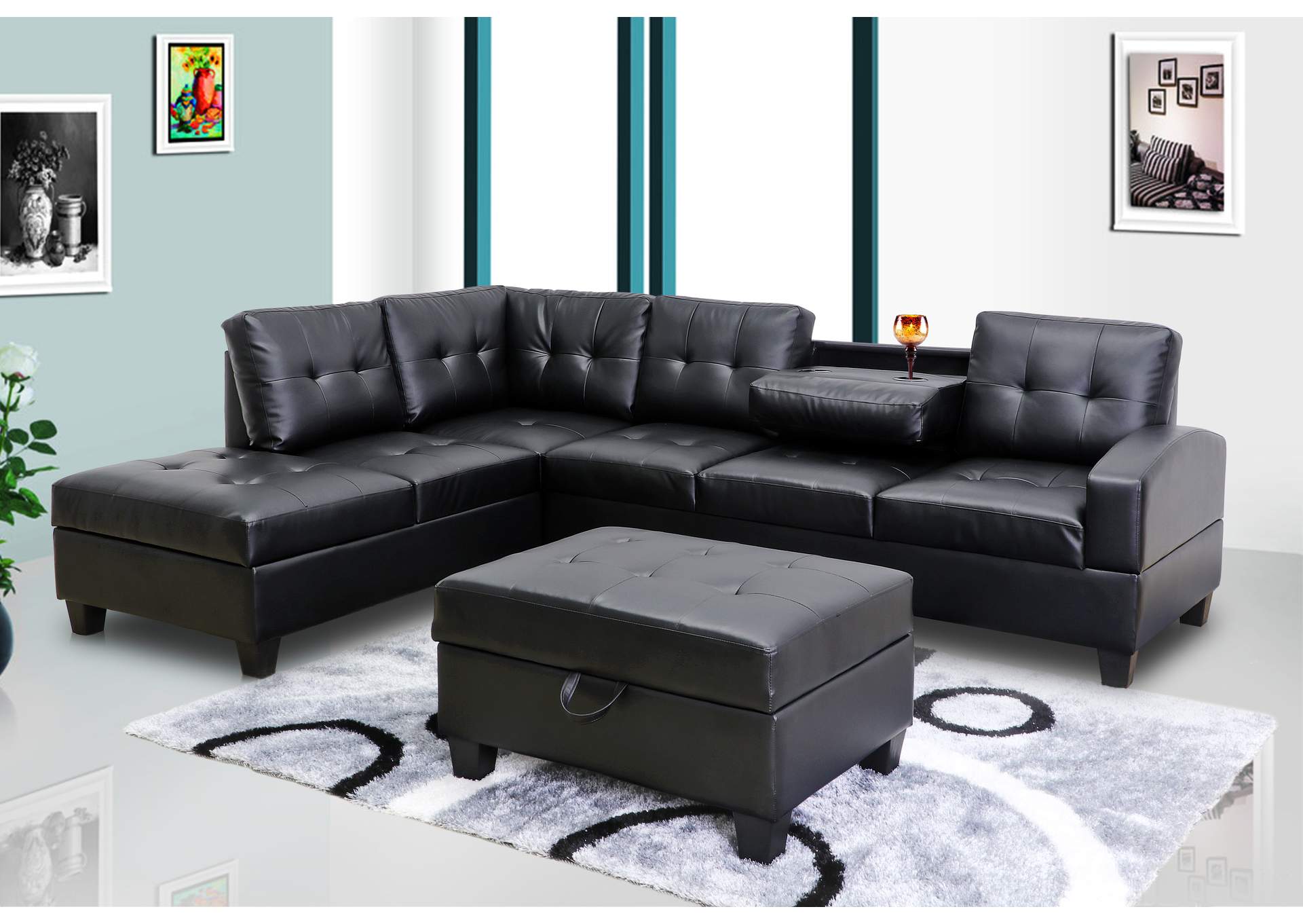 U5400 Black Sectional With Ottoman image 1