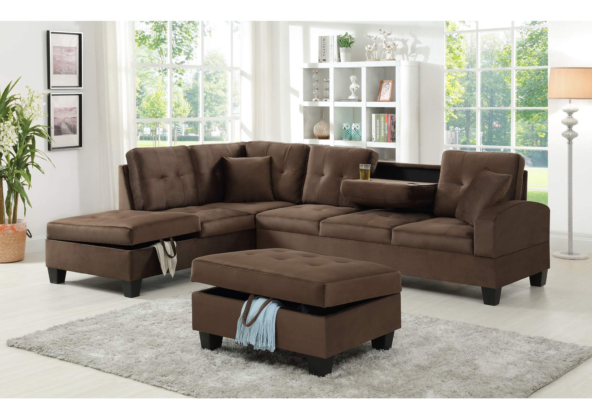 U5500 Cappuccino Velvet Sectional With Ottoman image 1
