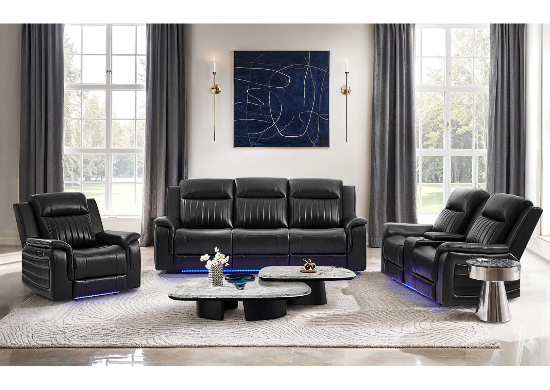 U8879 BLANCHE CHARCOAL WITH BLACK WELT POWER RECLINING SOFA WITH LED AND GLOBAL SURROUND SYSTEM AND POWER CONSOLE RECLINING LOVESEAT AND POWER RECLINER WTH LED image 1