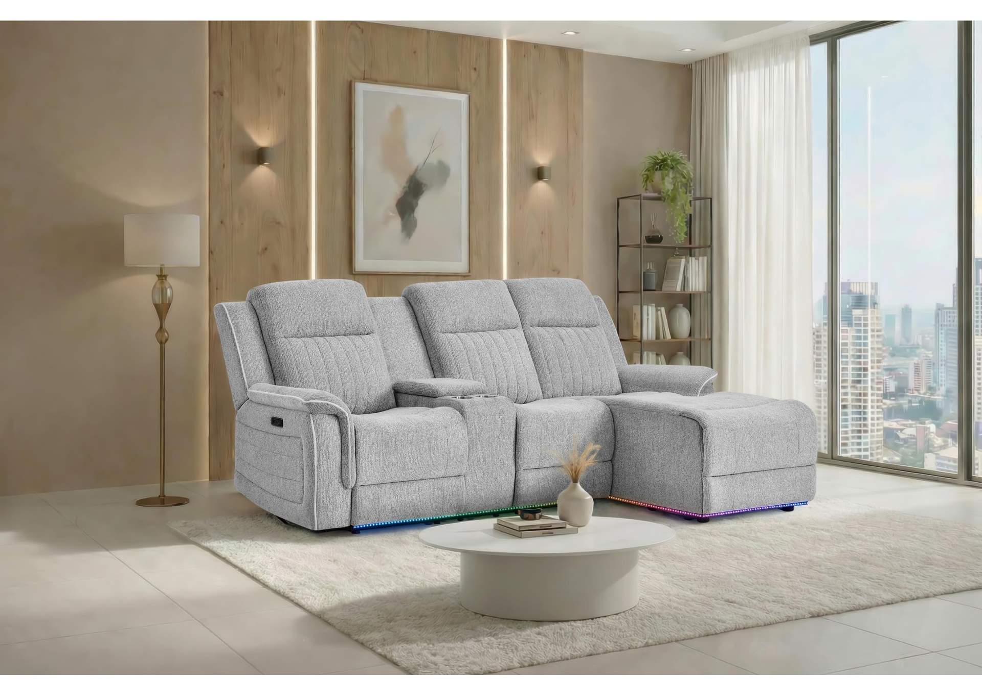 U8879 GREY 1 POWER PUSHBACK SECTIONAL WITH LED AND GLOBAL SS SPKR image 1