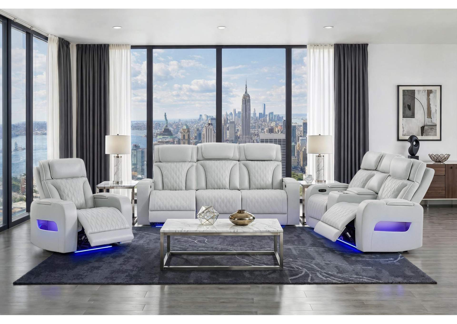 U8611 BLANCHE SILVER WITH WHITE WELT POWER RECLINING SOFA WITH POWER HEADREST AND LED - POWER CONSOLE RECLINING LOVESEAT WITH POWER HEADREST, LED AND SPEAKER - POWER RECLINER WITH POWER HEADREST AND LED image 1