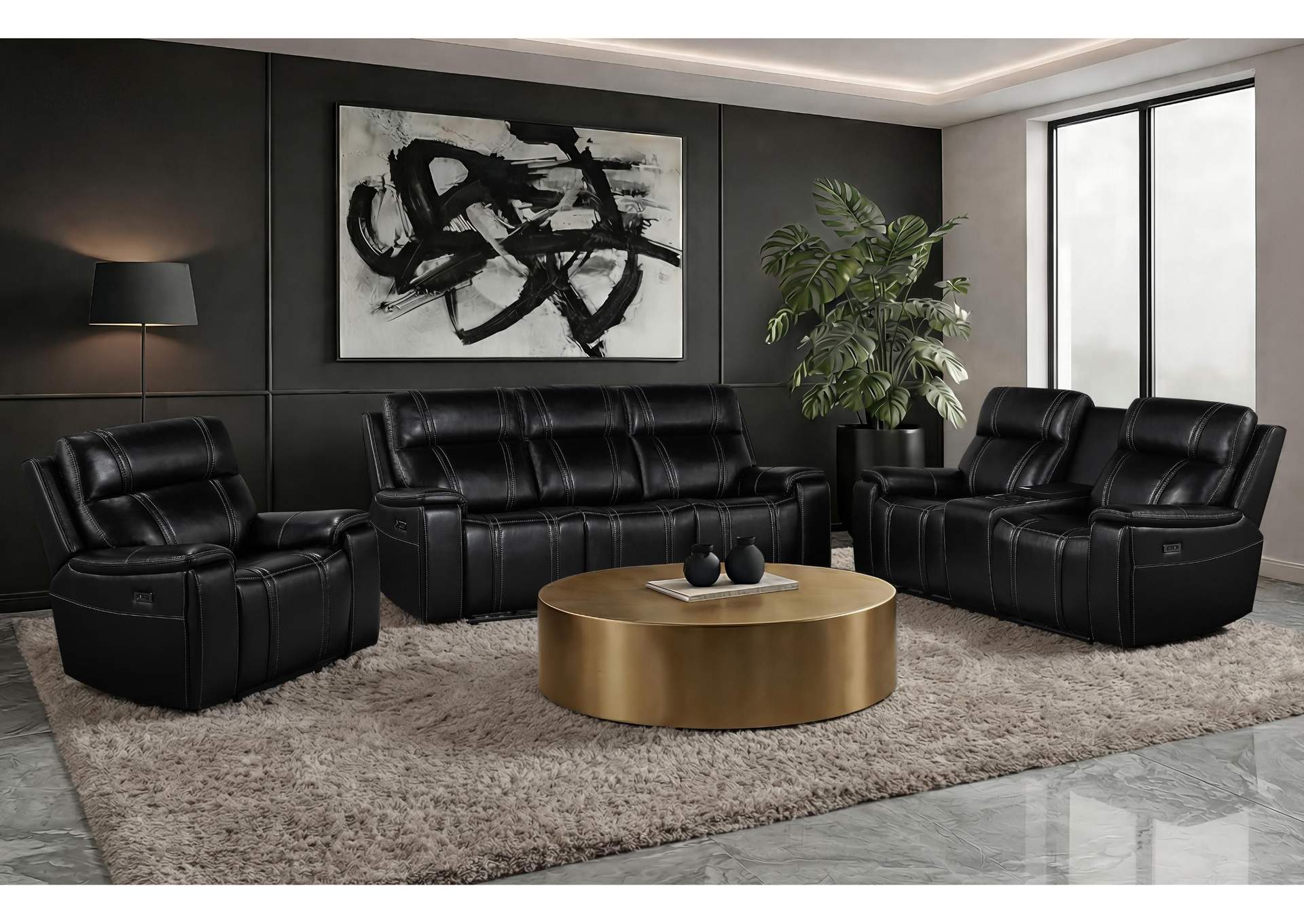 U8880 BLACK LEATHER POWER RECLINING SOFA - POWER CONSOLE RECLINING SOFA image 1