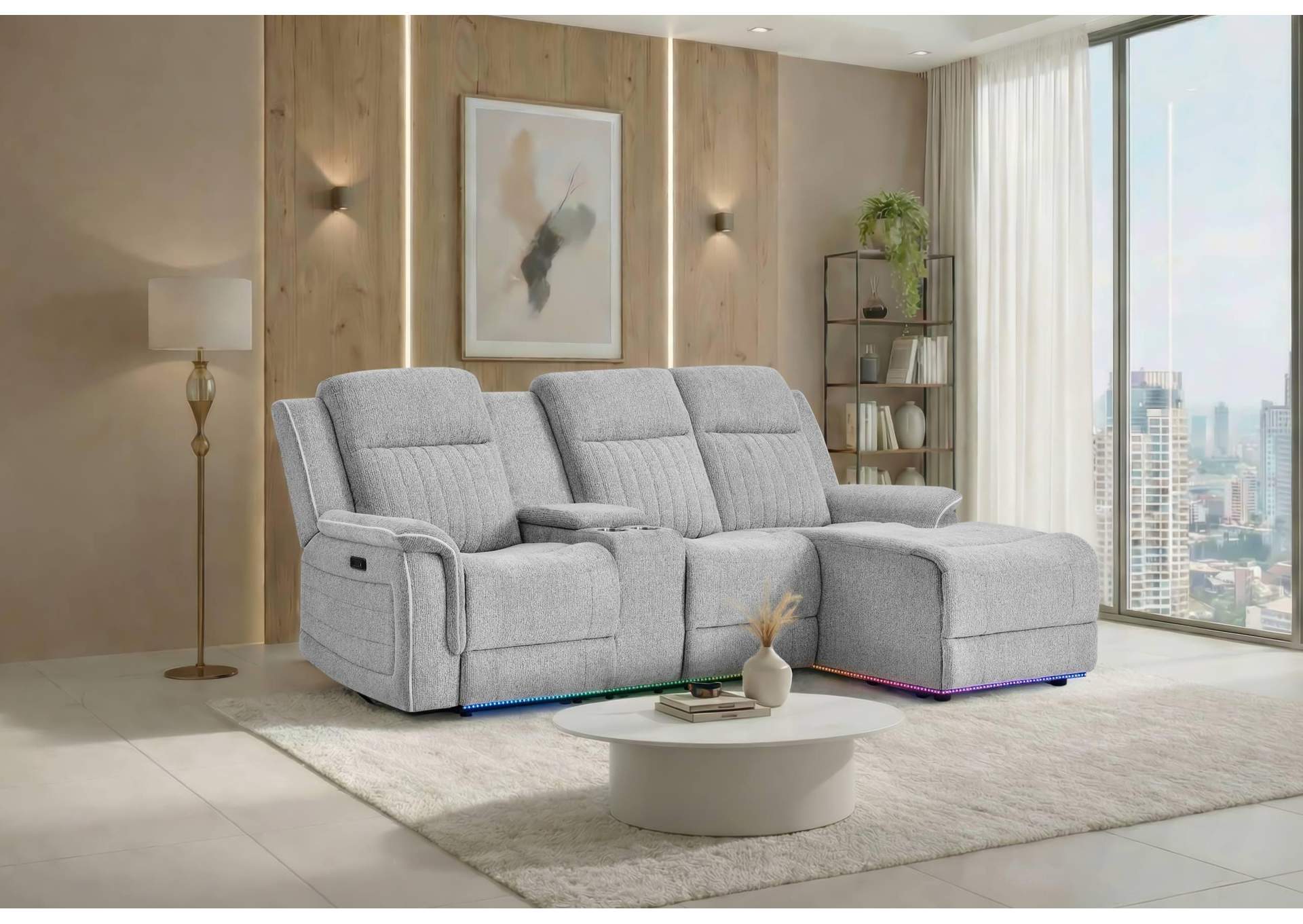 U8879 GREY 1 POWER PUSHBACK SECTIONAL WITH LED AND GLOBAL SS SPKR image 1