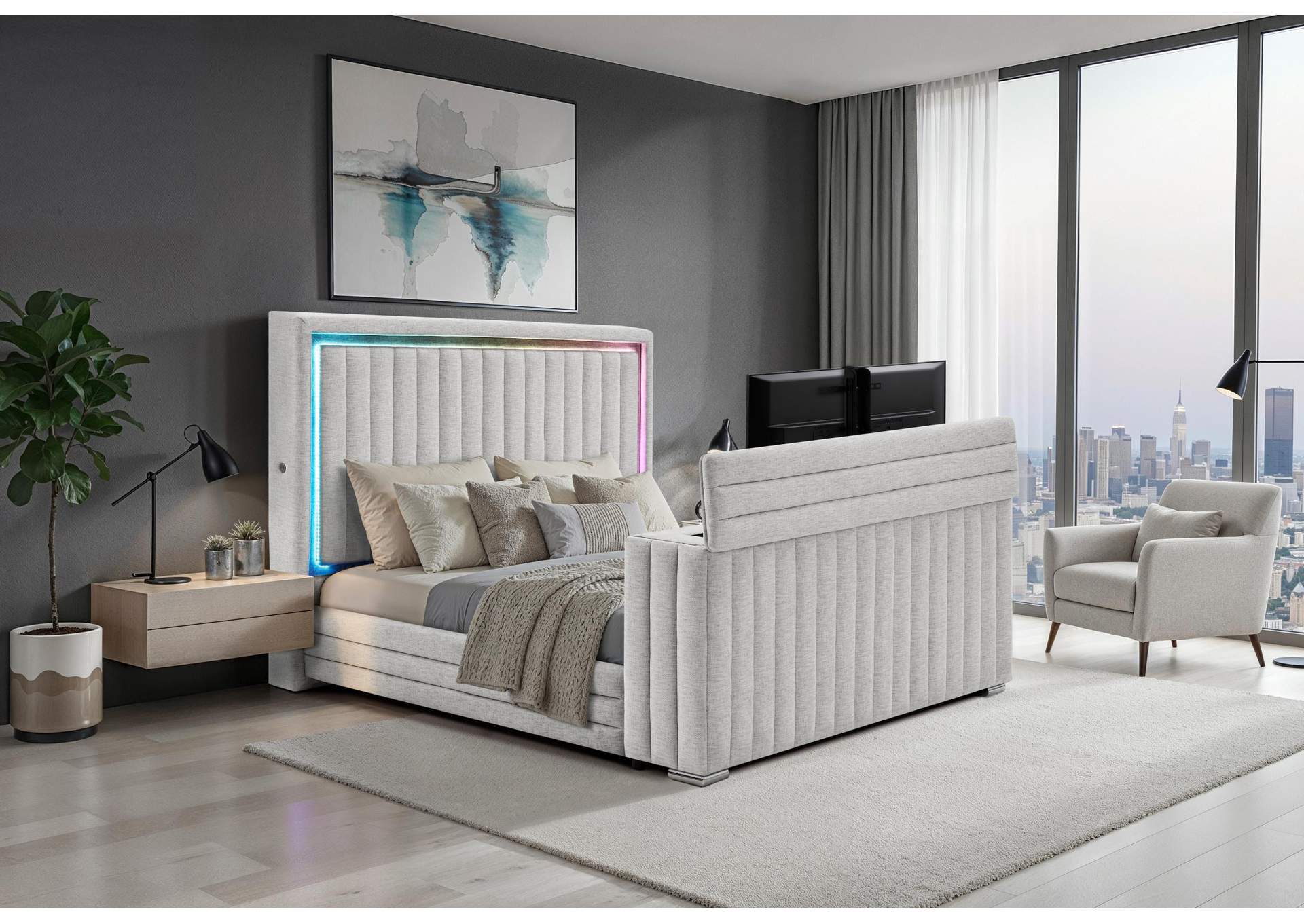 ELIAS GREY QUEEN BED WITH IMMERSIVE SOUND SPEAKER, LED, TV LIFT & FP image 1