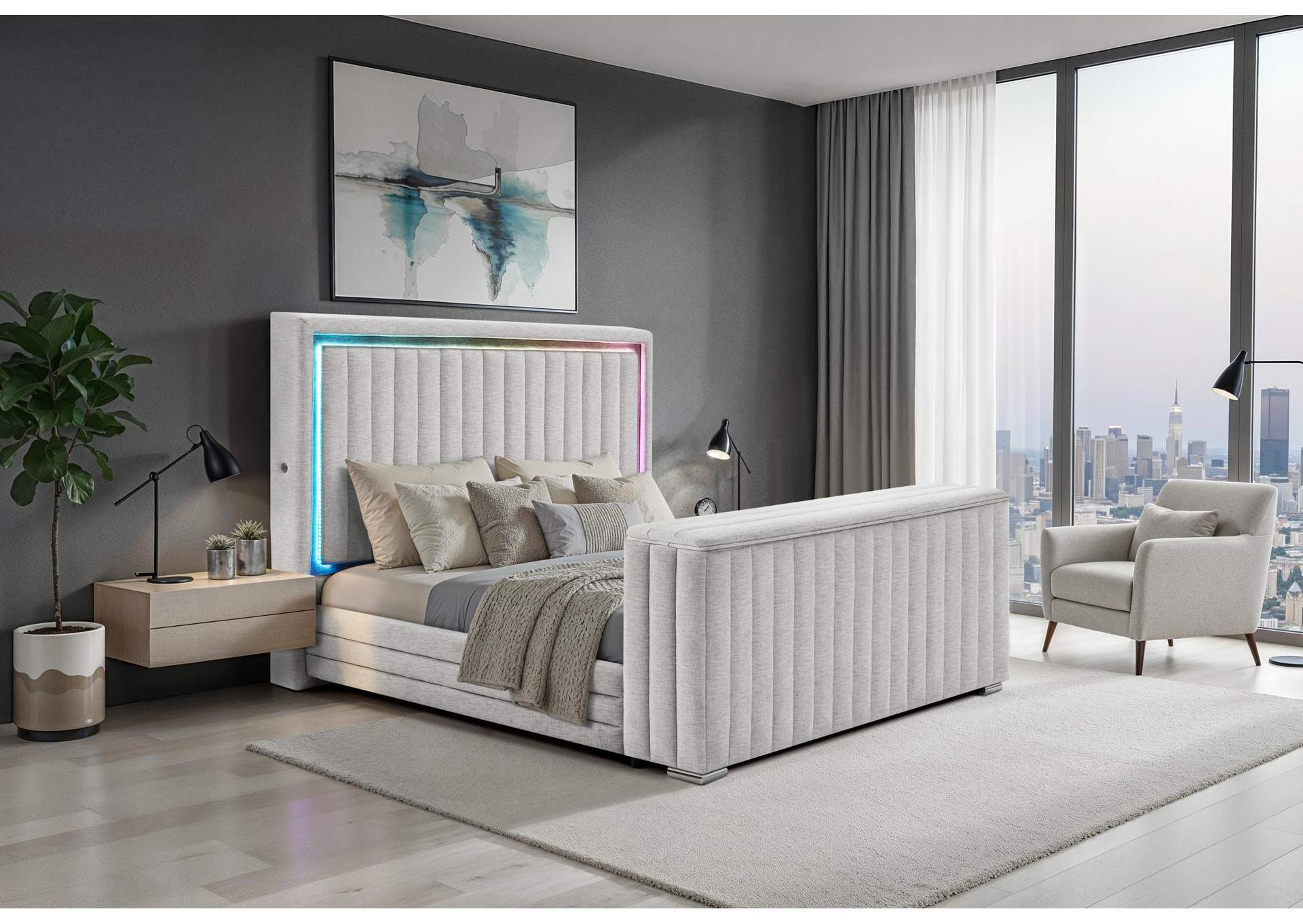 ELIAS GREY KING BED WITH IMMERSIVE SOUND SPEAKER, LED, TV LIFT & FP