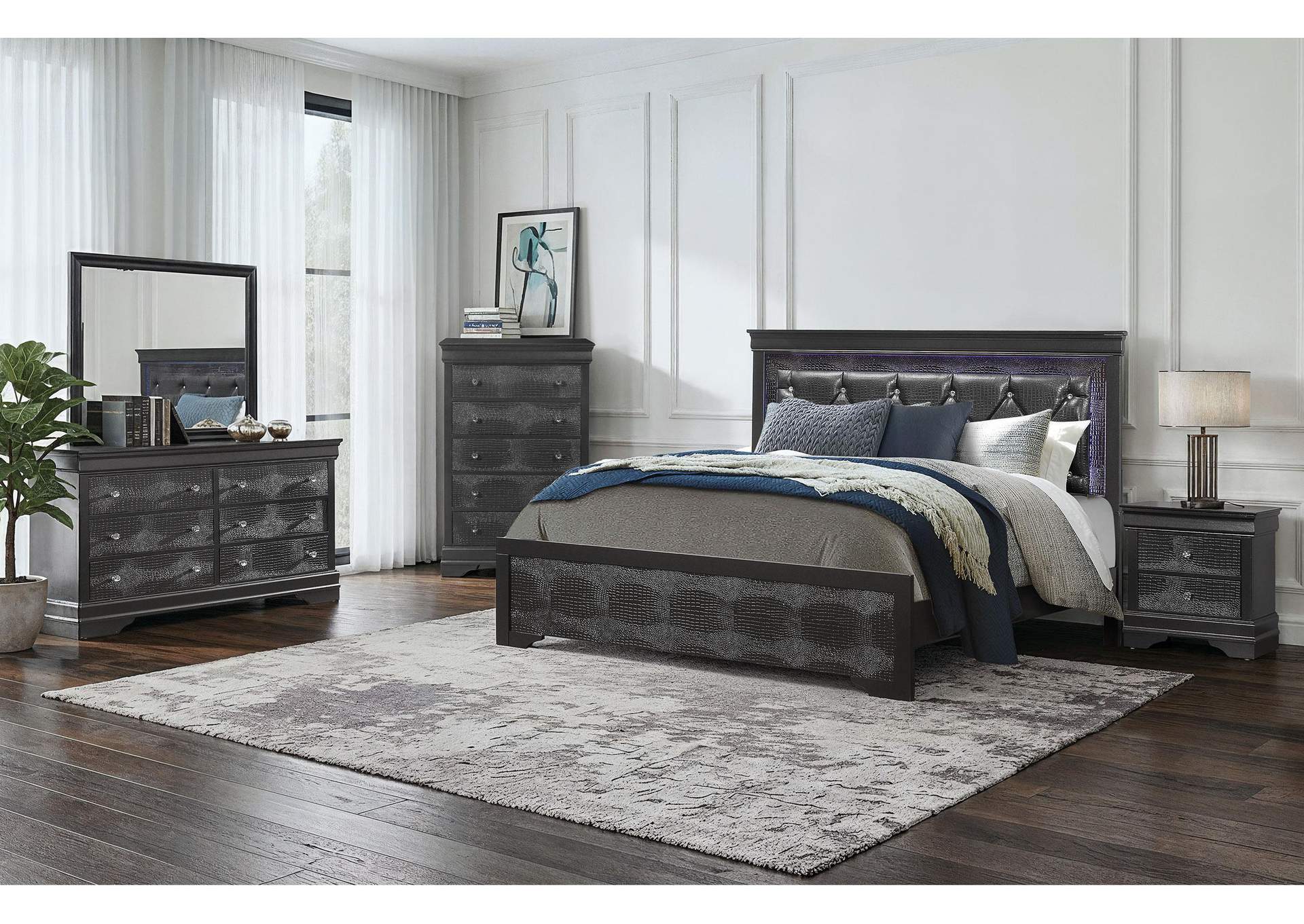 POMPEI METALLIC GREY KING BED GROUP WITH LED image 1