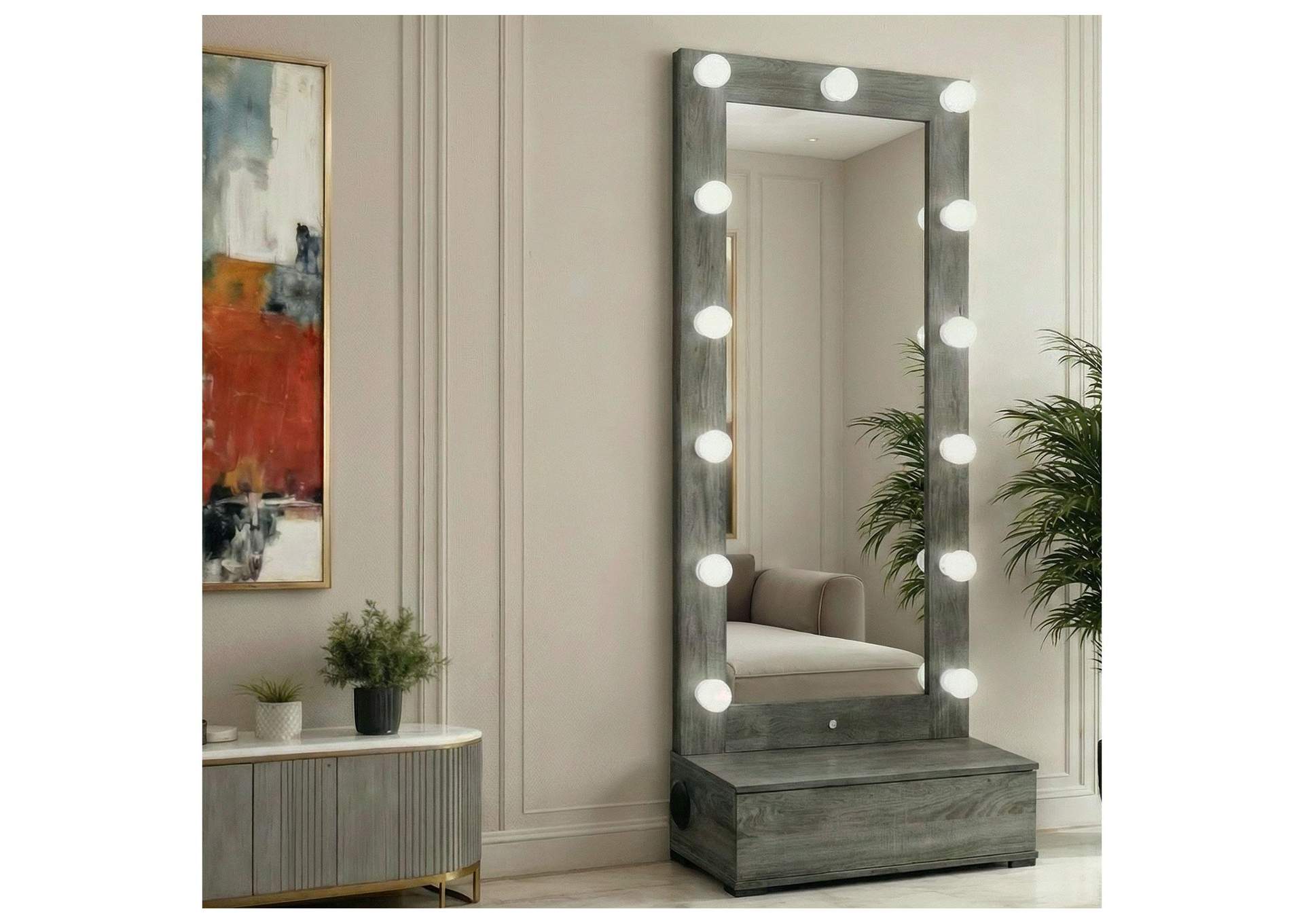 LEXI GREY TALL MIRROR WITH DRAWER AND SPEAKERS image 1