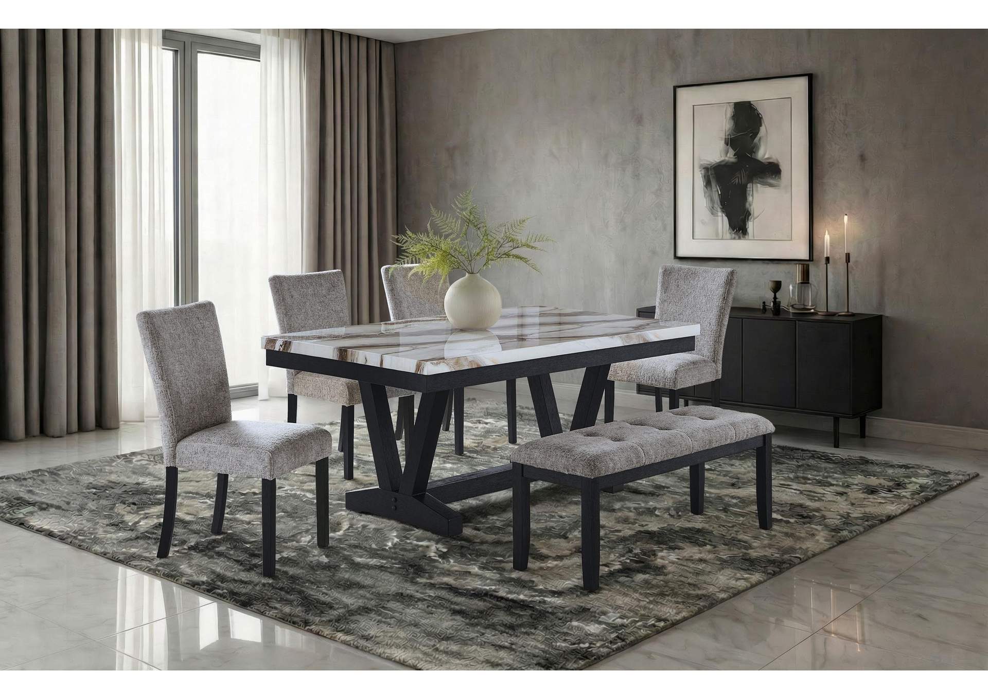 D1319 BLK - WHT DINING TABLE, 4 D1319 LT GREY DINING CHAIRS & D1319 LT GREY BENCH image 1