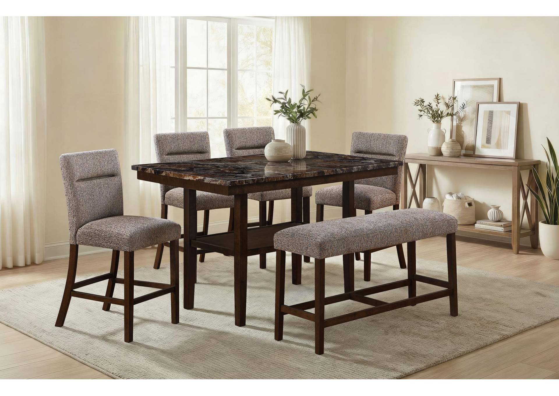 D4355 BROWN BAR TABLE WITH 4 BAR STOOLS AND BENCH image 1