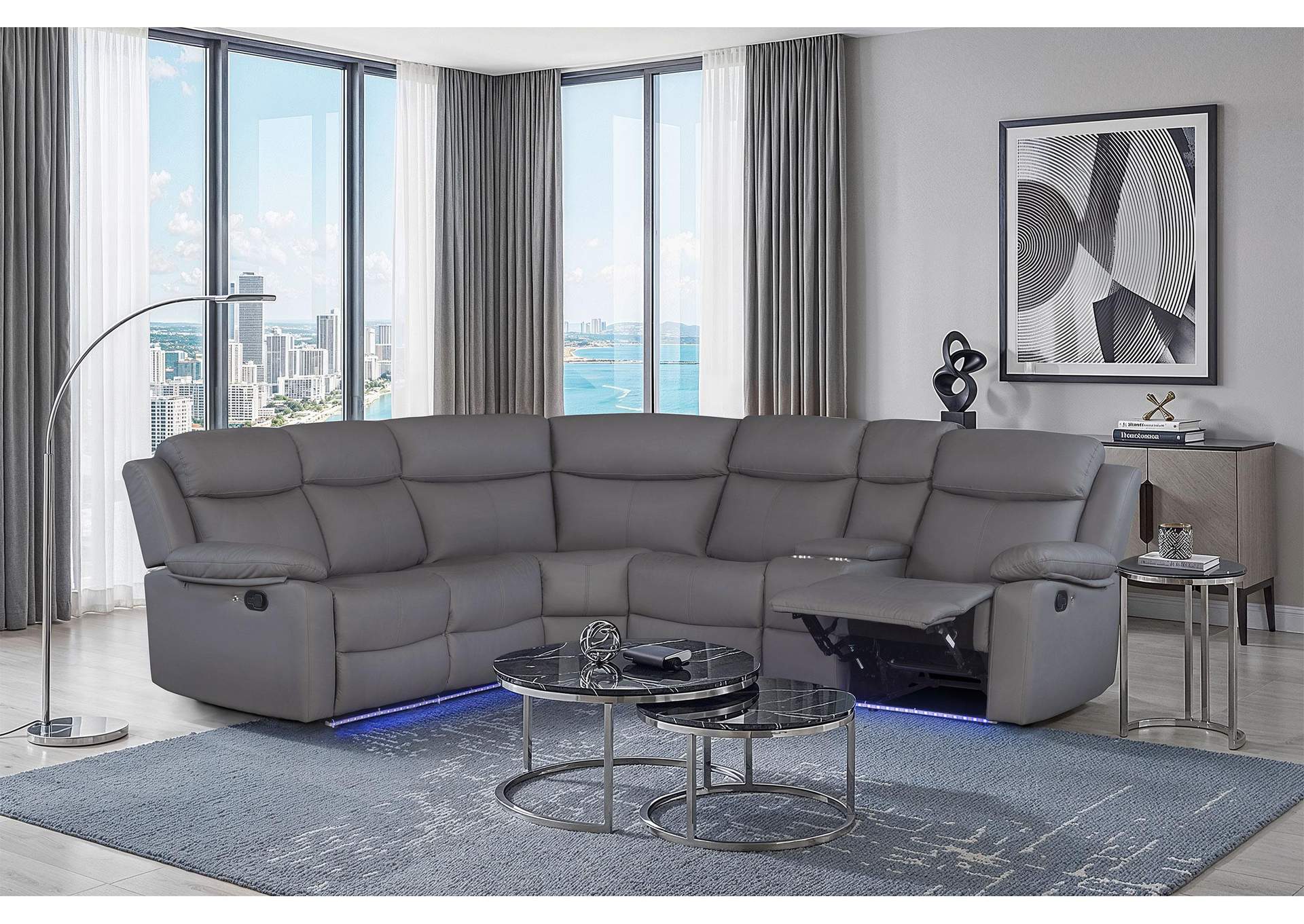 U6026 GREY POLYURETHANE 46A RIGHT SIDE FACING SECTIONAL WITH LED AND SPEAKER image 1