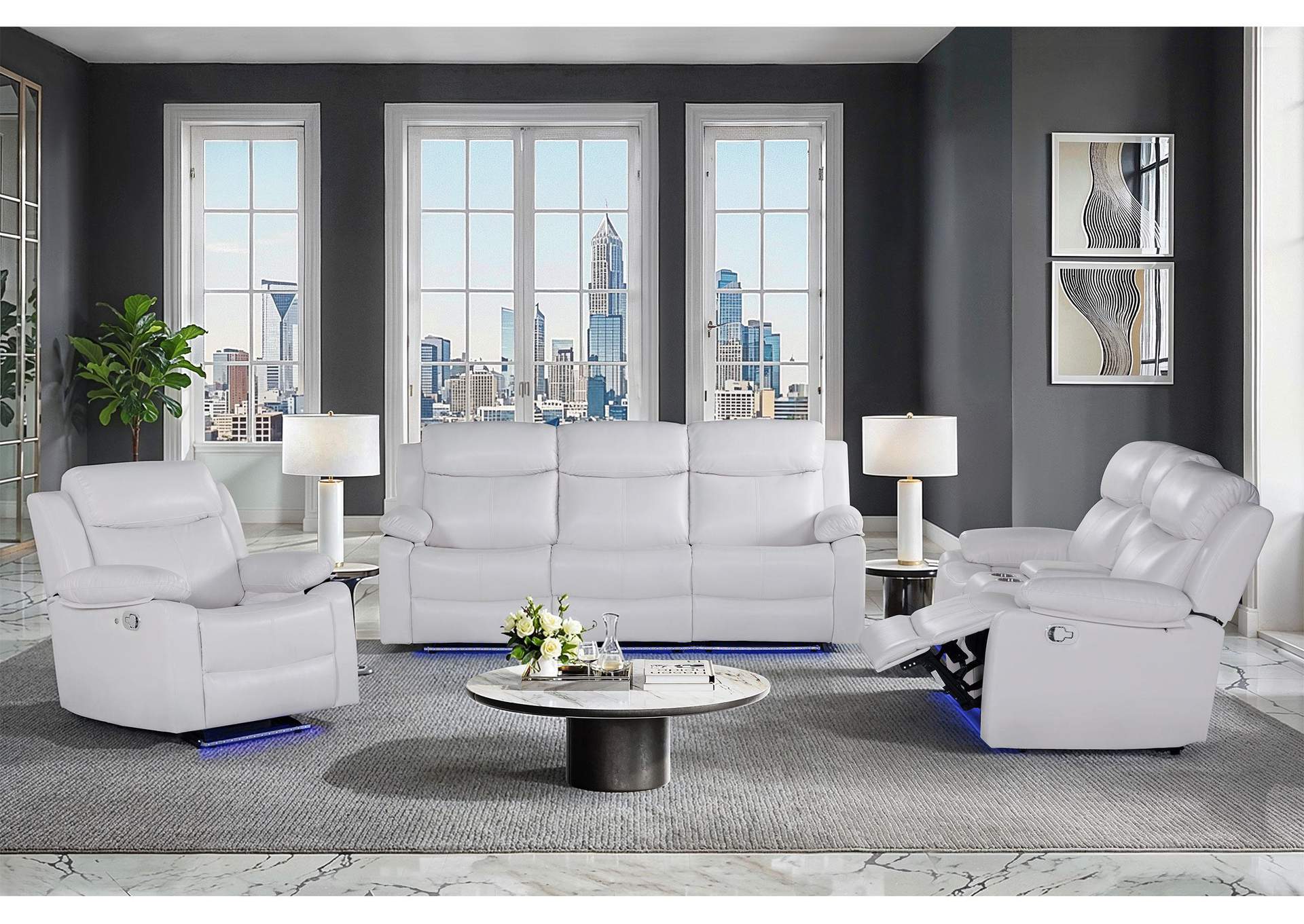 U6026 BLANCHE WHITE REC SOFA W - LED - CONS REC LOVESEAT W - SPKR&LED - GLIDER RECLINER W - LED image 1