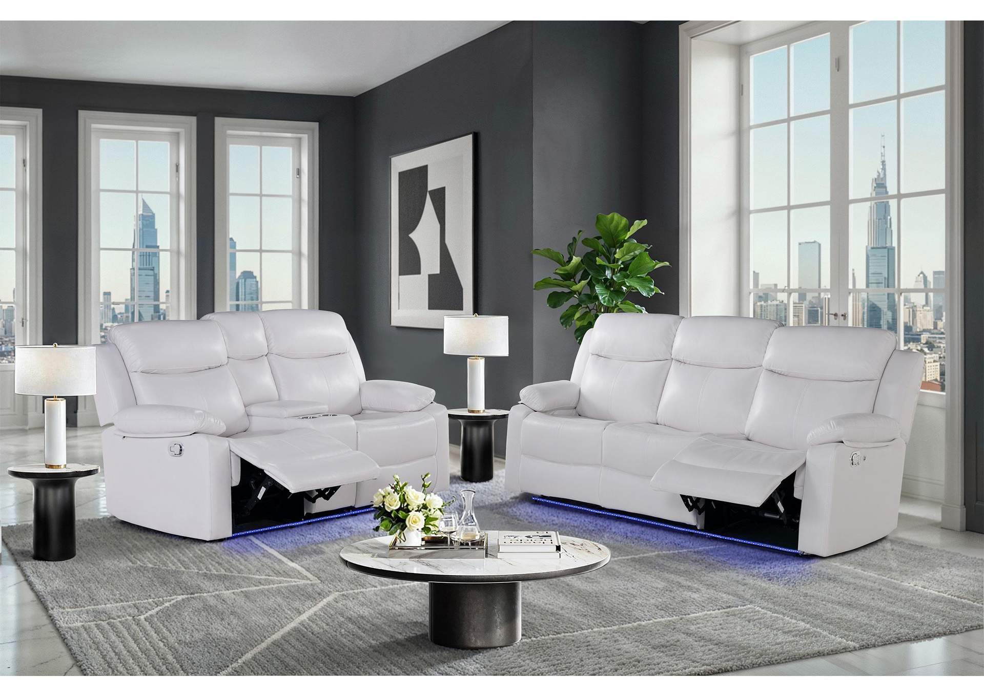 U6026 BLANCHE WHITE REC SOFA - CONSOLE REC LOVESEAT WITH LED & SPEAKER image 1