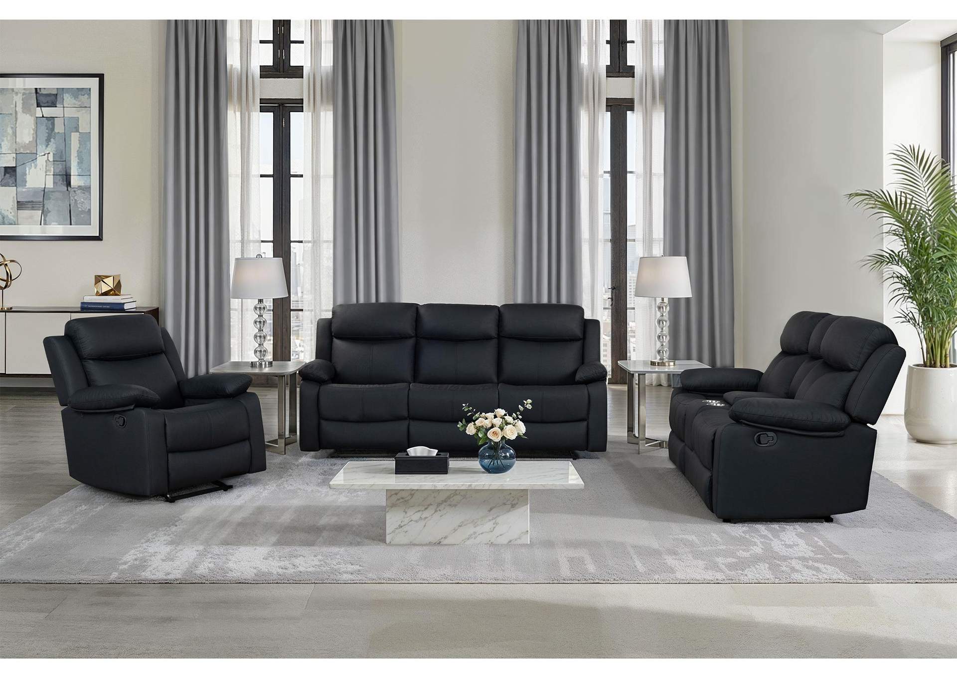 U6026 BLACK POLYURETHANE 72A REC SOFA - CONSOLE REC LOVESEAT W - LED & SPEAKER image 1