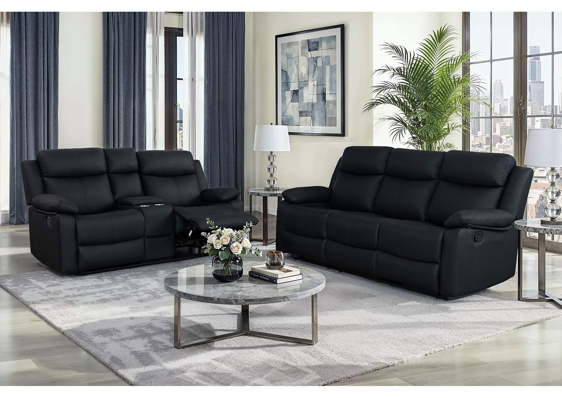 U6026 BLACK POLYURETHANE 72A REC SOFA - CONSOLE REC LOVESEAT W - LED & SPEAKER - REC image 1
