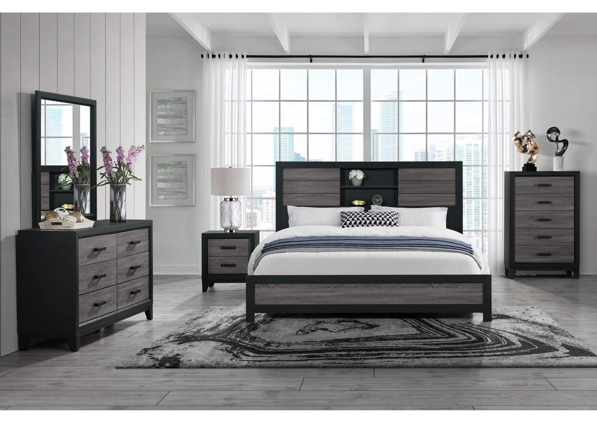 LISBON GREY - BLACK BOOKCASE KING BED GROUP image 1