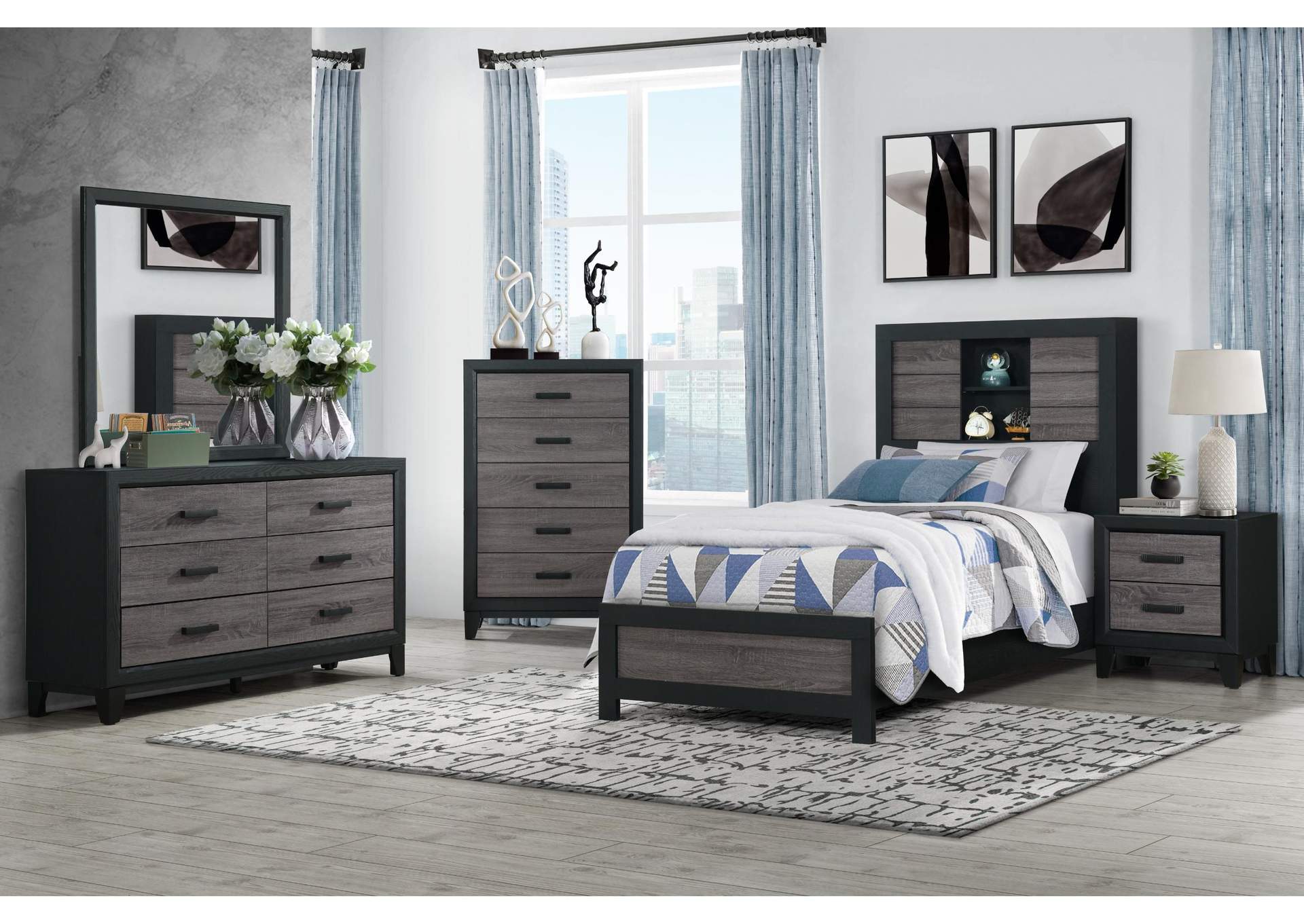 LISBON GREY - BLACK BOOKCASE TWIN BED, DRESSER, MIRROR AND NIGHTSTAND image 1