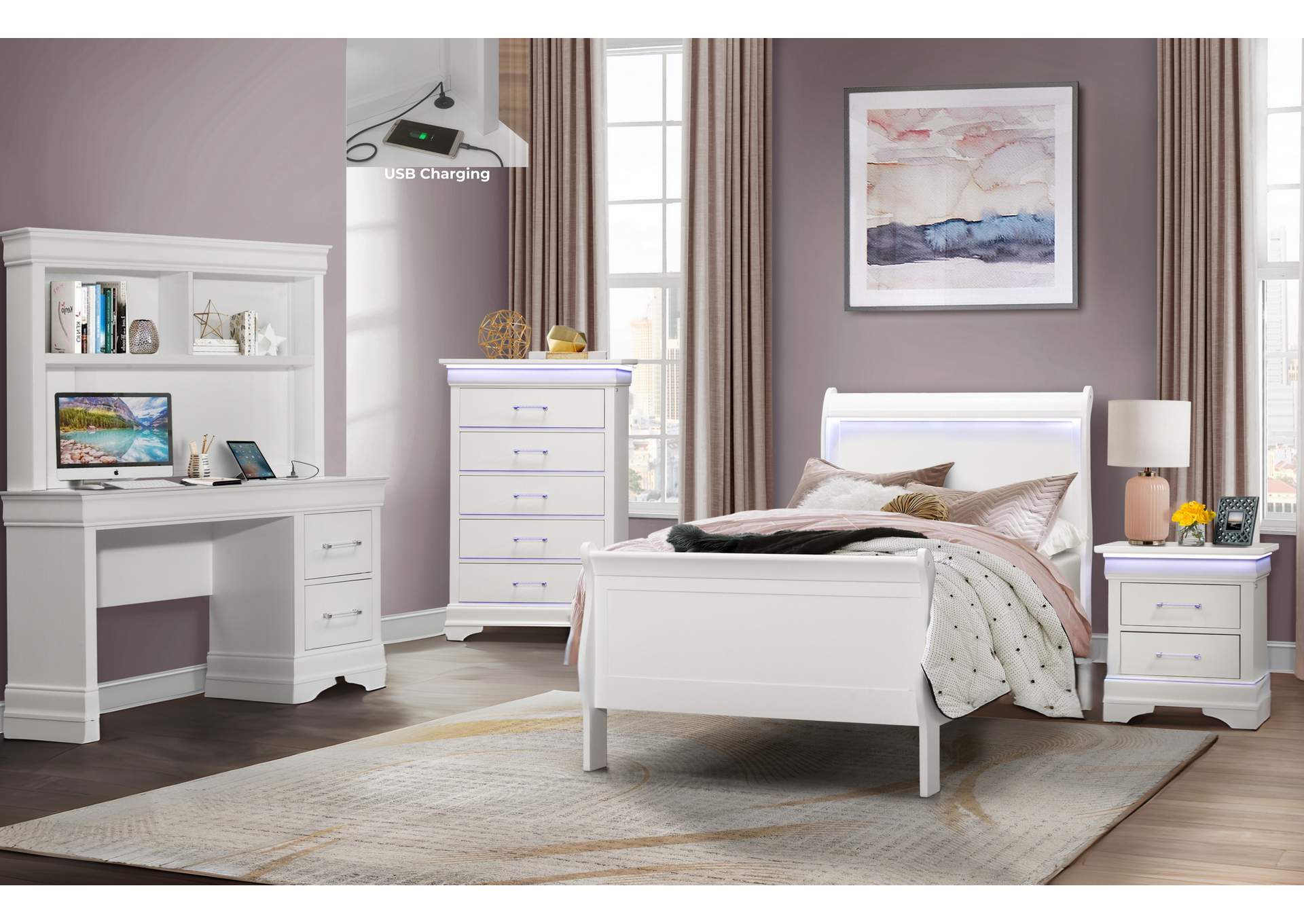 CHARLIE WHITE TWIN BED, DRESSER, MIRROR AND NIGHTSTAND
