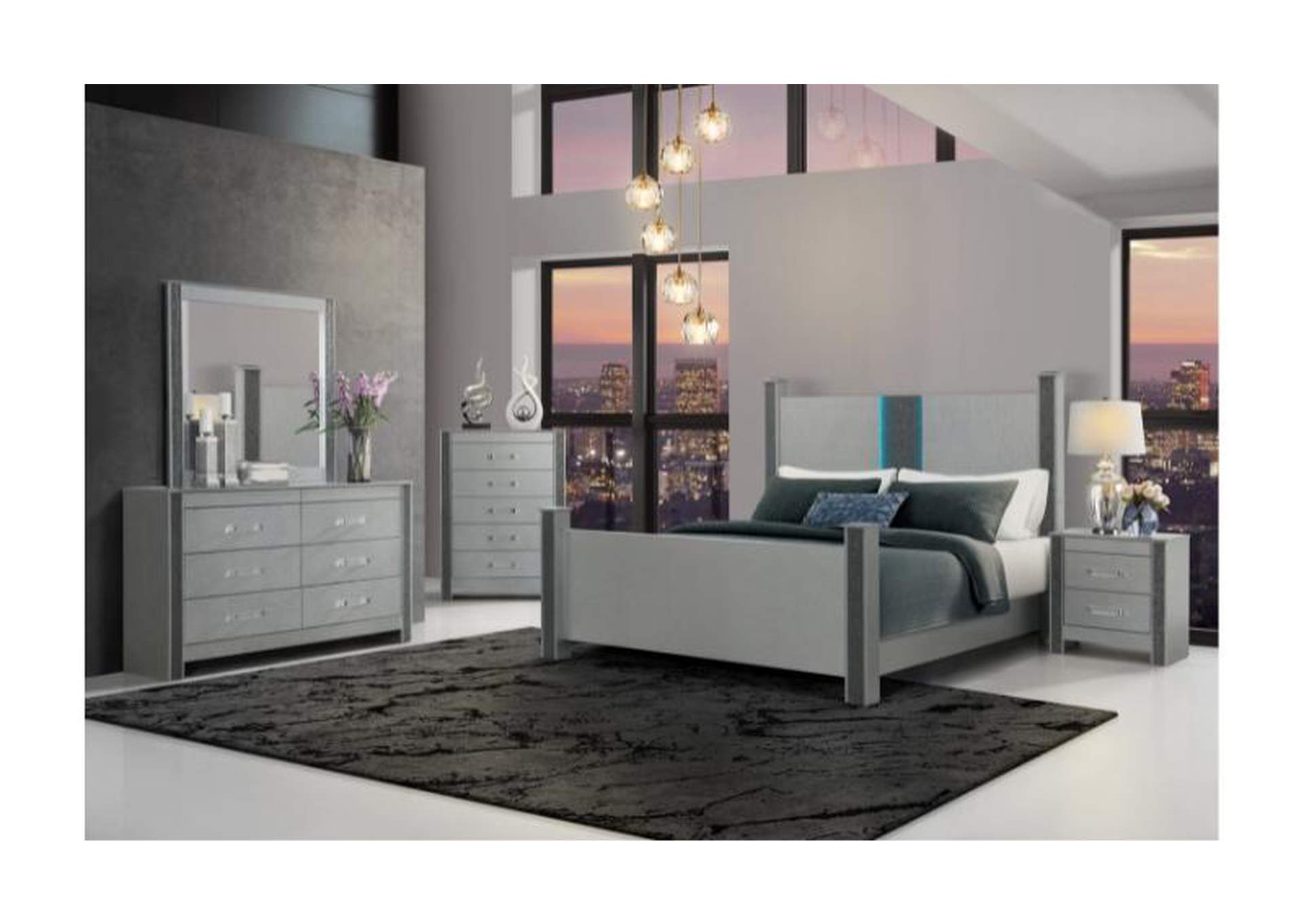 LOGAN SILVER QUEEN BED, DRESSER, MIRROR AND NIGHTSTAND image 1