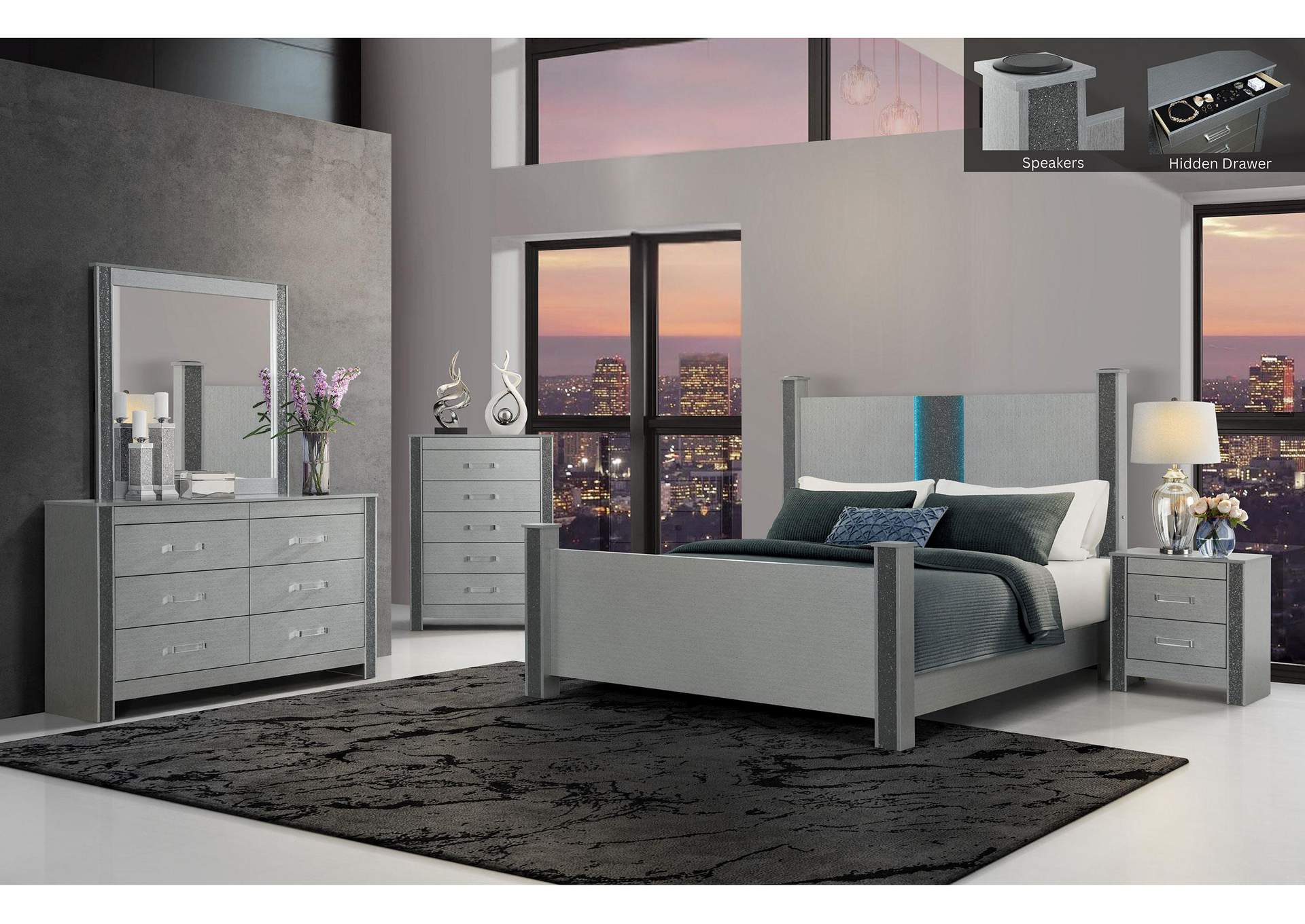 LOGAN SILVER FULL BED GROUP WITH LED AND SPEAKERS image 1