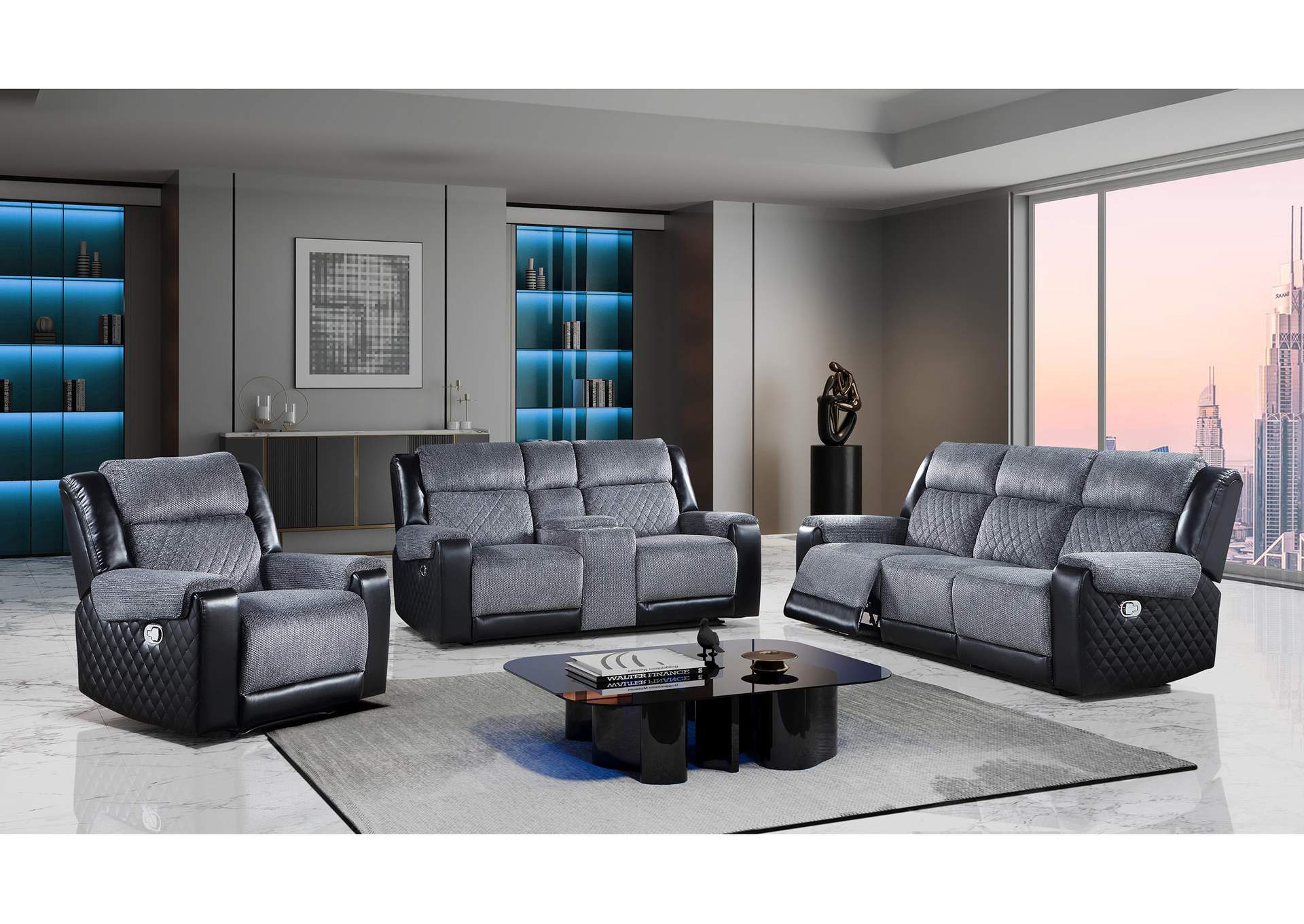 U5914 GREY - BLACK RECLINING SOFA - CONSOLE RECLINING LOVESEAT - RECLINER image 1
