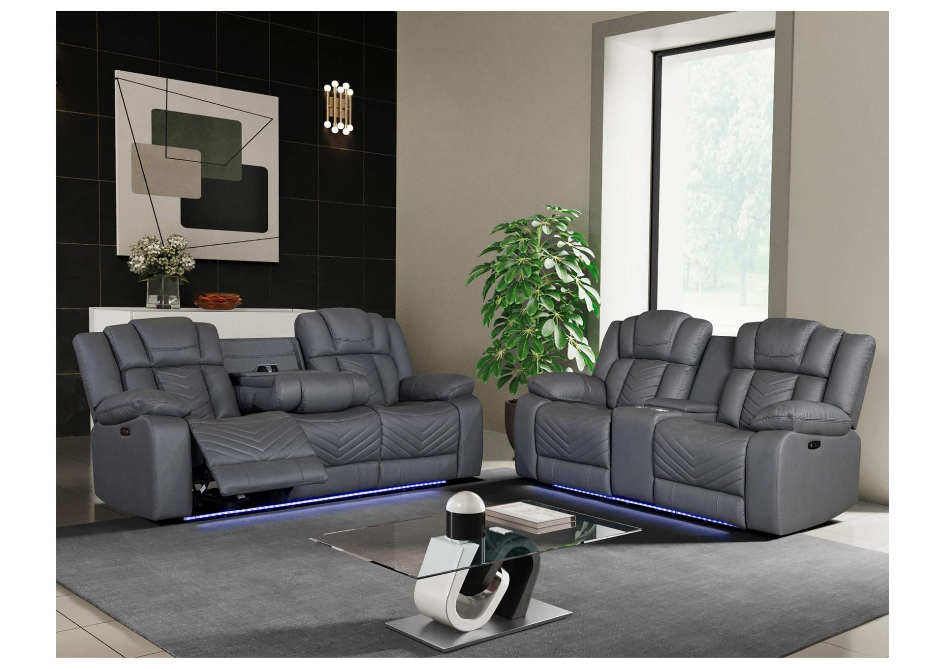 U7068 GREY 10 POWER RECLINING SOFA - POWER CONSOLE RECLINING LOVESEAT WITH LED image 1