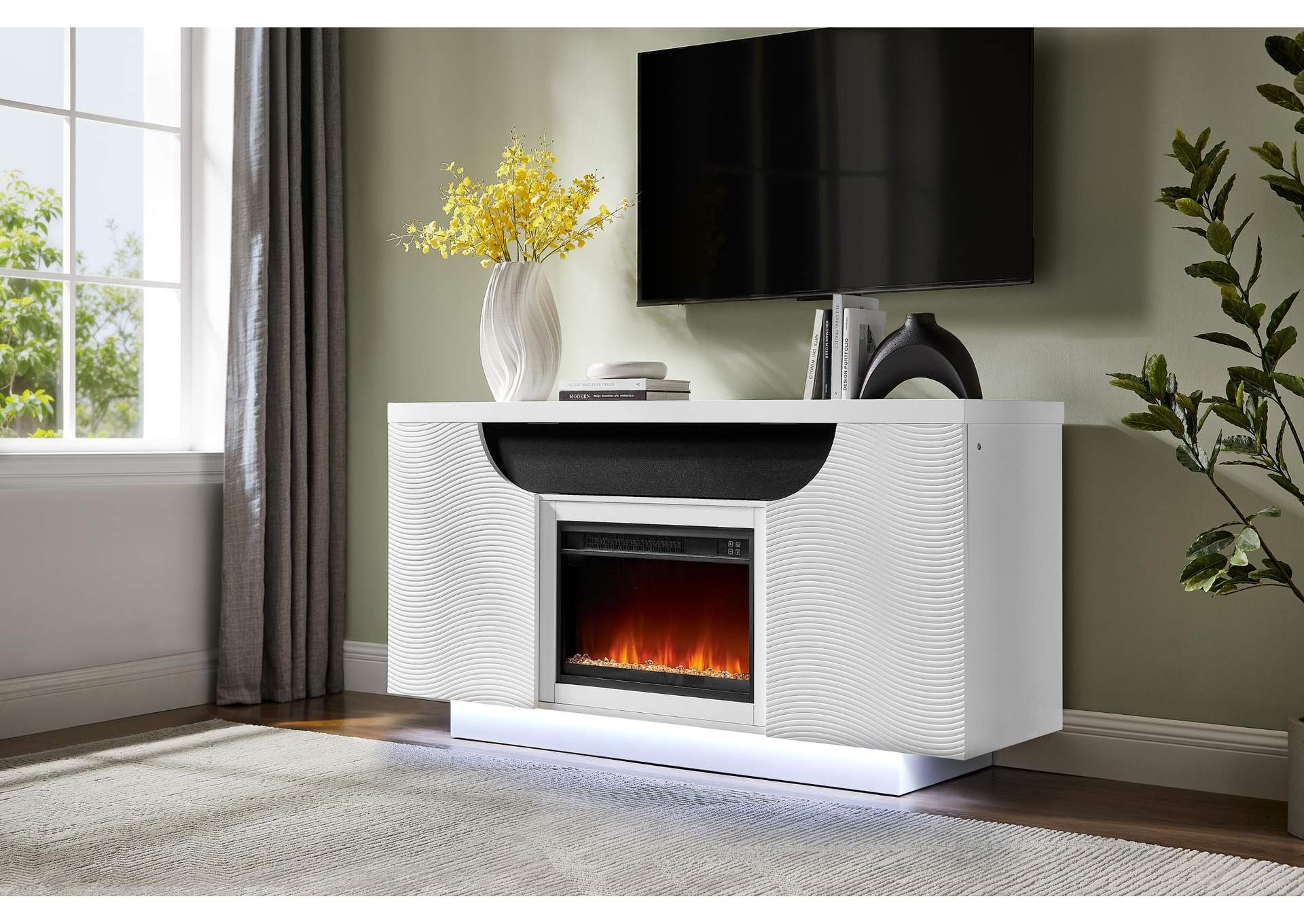 Aileen White 66" Entertainment Unit With Led, Speakers, Crystal Inserts And Pop Up Center Doors image 1