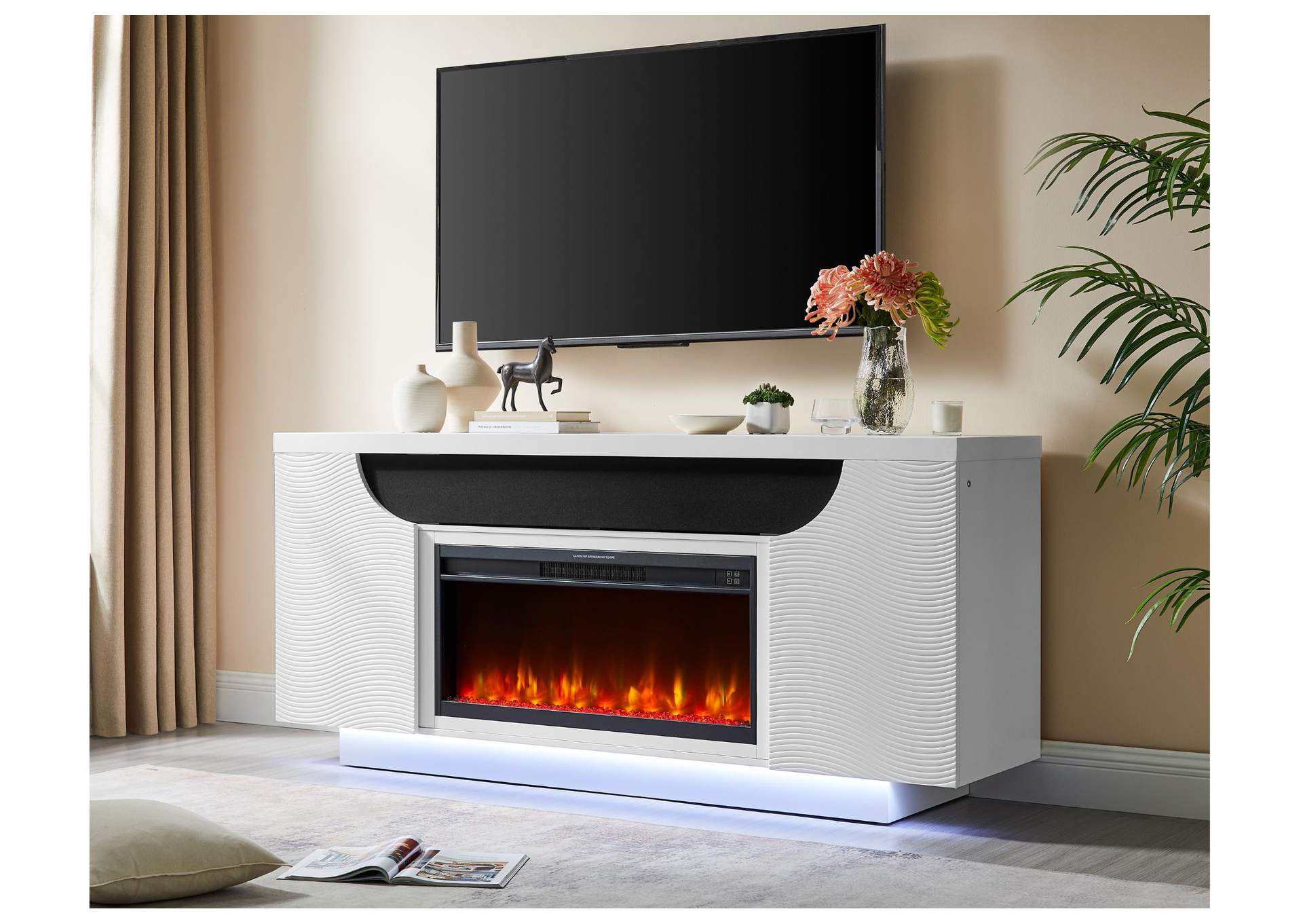 Aileen White 76" Entertainment Unit With Led, Speakers, Crystal Inserts And Pop Up Center Doors image 1