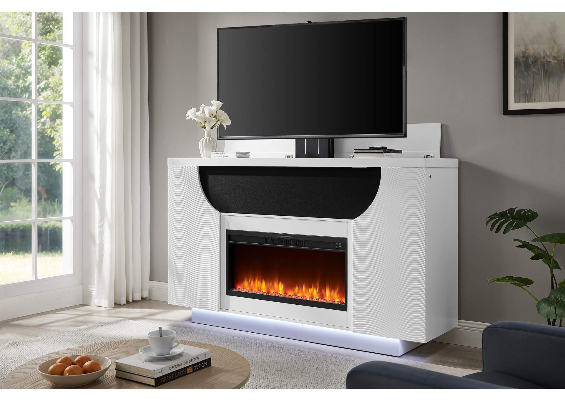 Aveena White 76" Entertainment Unit With Tv, Led, Speakers, Crystal Inserts And Pop Up Center Doors image 1