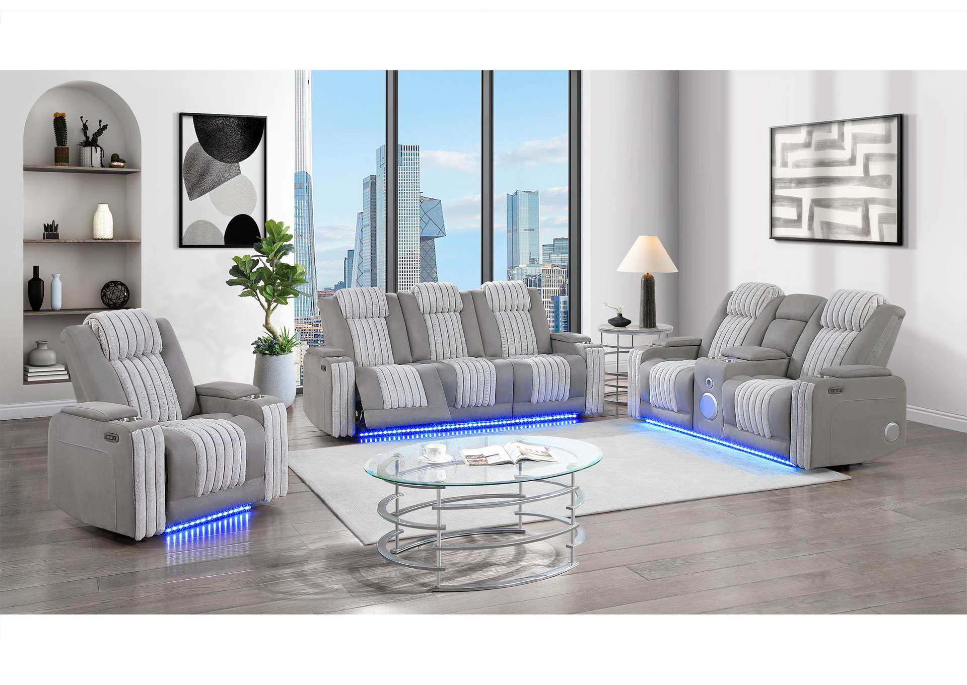 U8000 GREY POWER CONSOLE RECLINING LOVESEAT W POWER HEADREST LED & BLUETOOTH SPEAKER - POWER RECLINING SOFA W POWER HEADREST DDT TABLE READING LIGHT & LED - POWER RECLINER W POWER HEADREST LED image 1