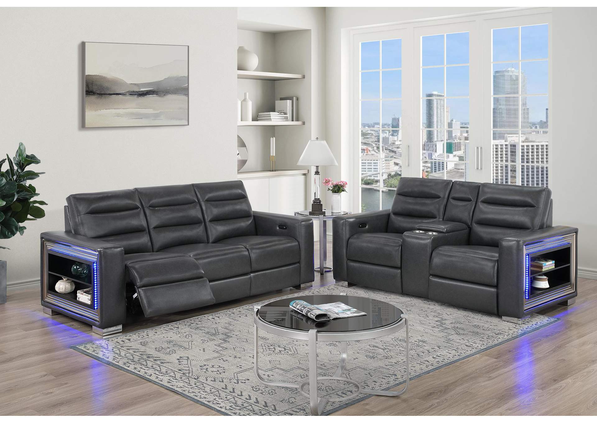 YLIME BLANCHE CHARCOAL POWER RECLINING SOFA WITH USB AND BOOKCASE ARM LED POWER CONSOLE RECLINING LOVESEAT WITH BOOKCASE LED image 1