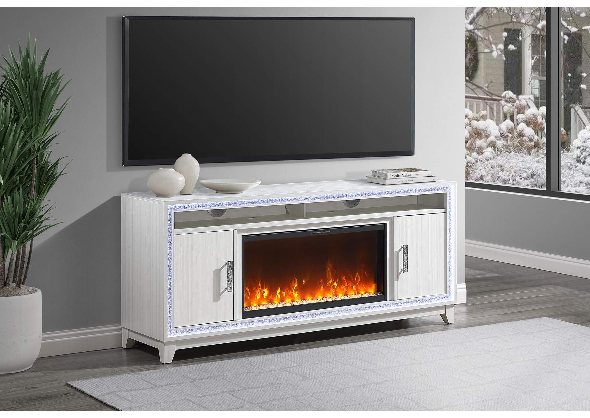 Lily White Entertainment Unit 72 With Led, Speakers, Crystal Inserts image 1