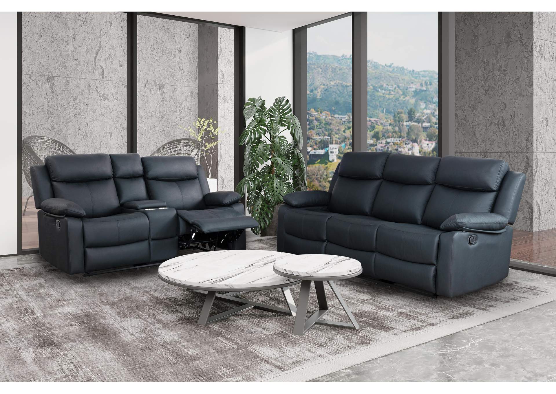 U6026 BLACK POLYURETHANE 72A RECLINING SOFA AND CONSOLE RECLINING LOVESEAT WITH LED AND SPEAKER image 1