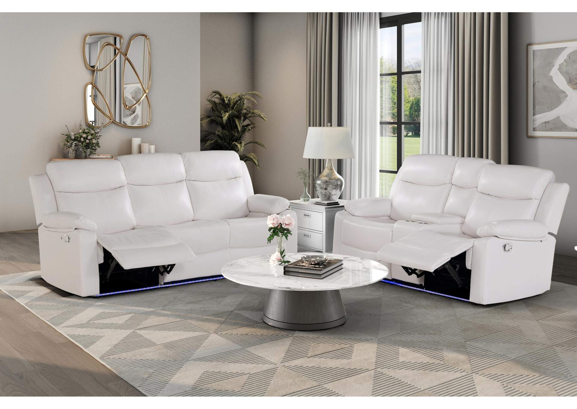 U6026 BLANCHE WHITE RECLINING SOFA - CONSOLE RECLINING LOVESEAT WITH LED image 1