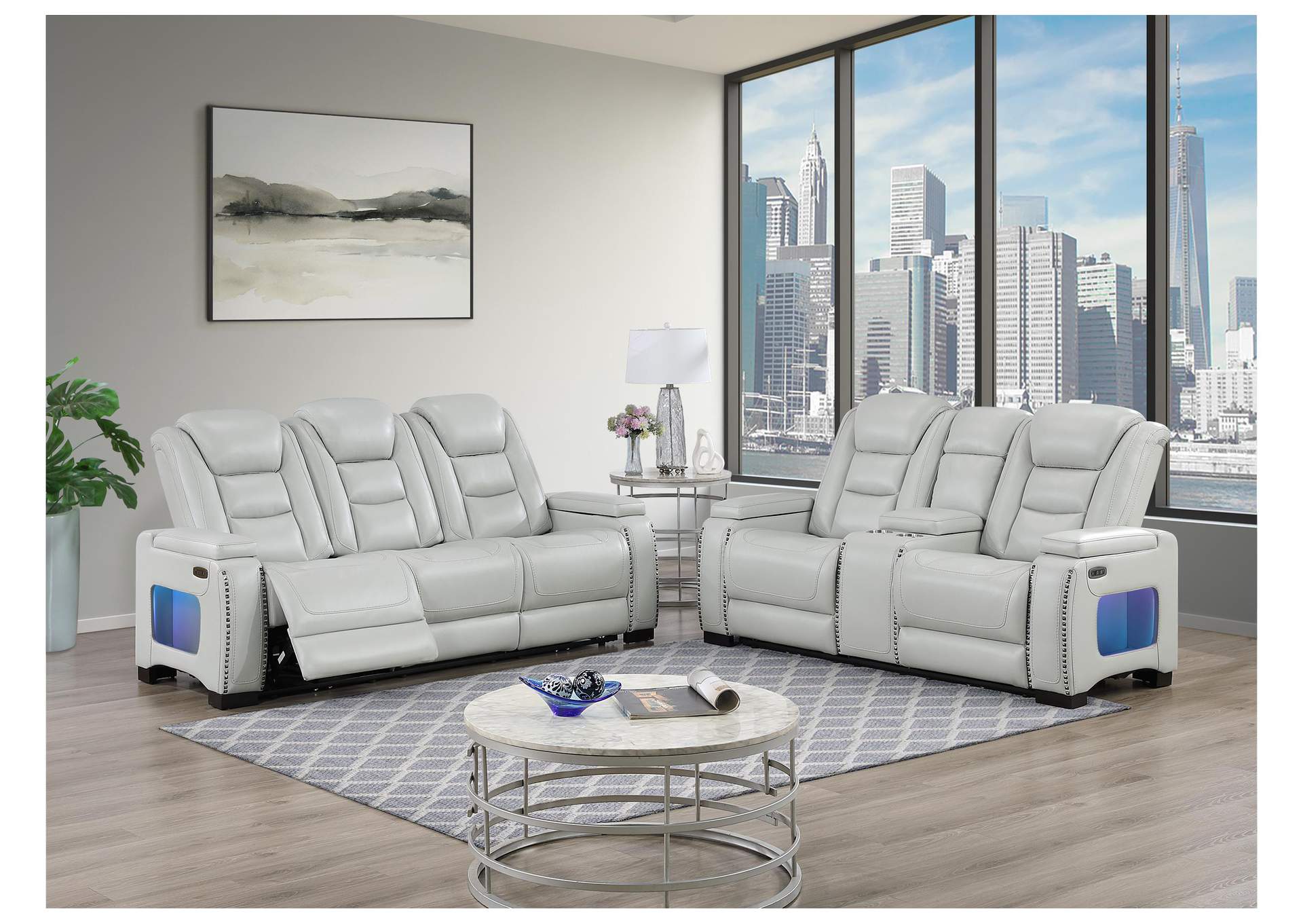 U8609 GREY POWER RECLINING SOFA - POWER CONSOLE RECLINING LOVESEAT WITH PHR, USB, LED & BOOKSHELF ARM image 1