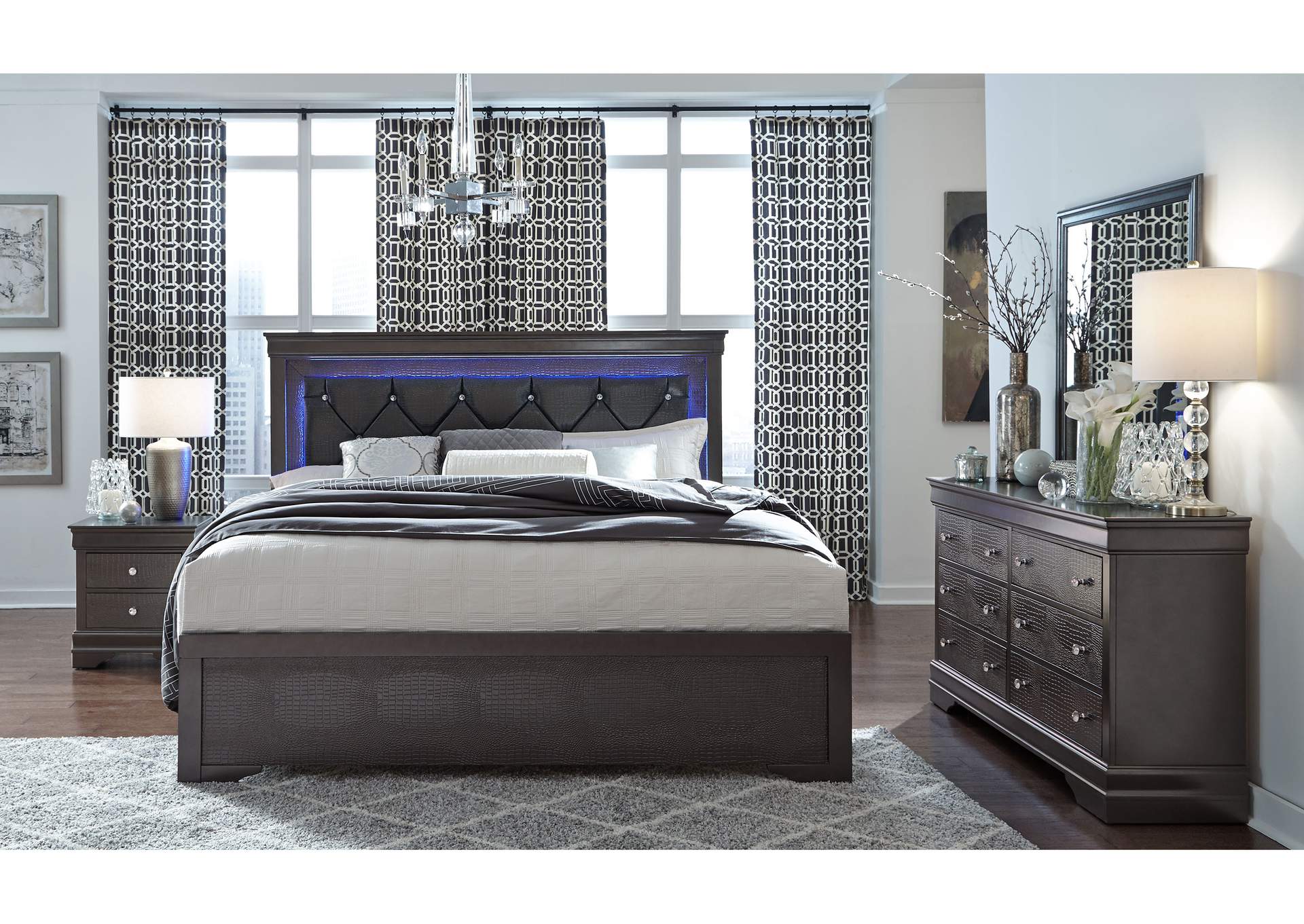 POMPEI GREY QUEEN BED WITH LED, DRESSER, MIRROR AND NIGHTSTAND