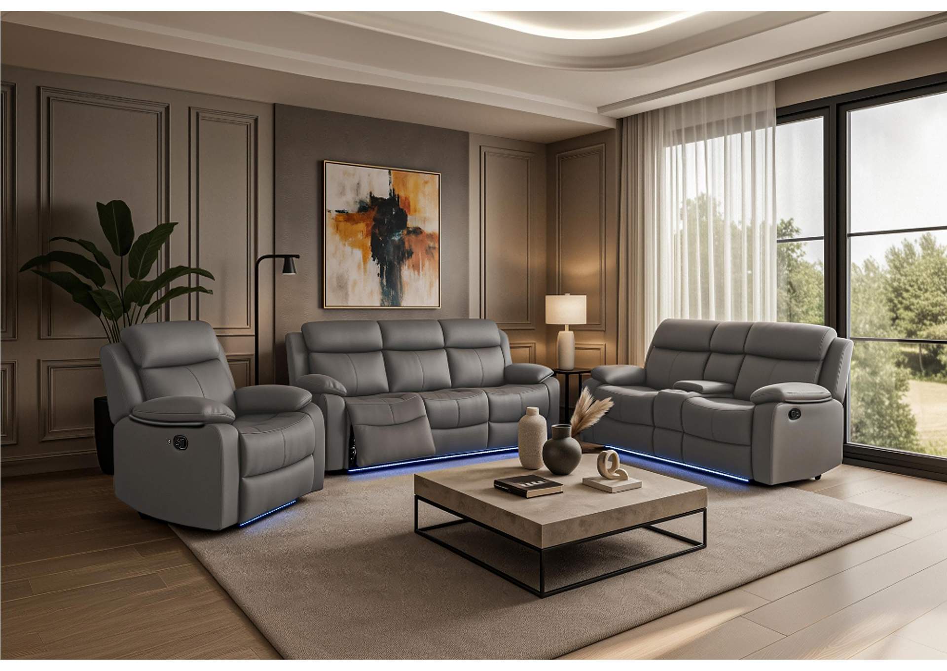 U6026 GREY POLYURETHANE 46A REC SOFA - CONSOLE REC LOVESEAT WITH SPEAKER image 1